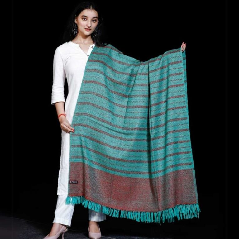 Shawl Pure Merino Border Kumaon Pattern Sea Green