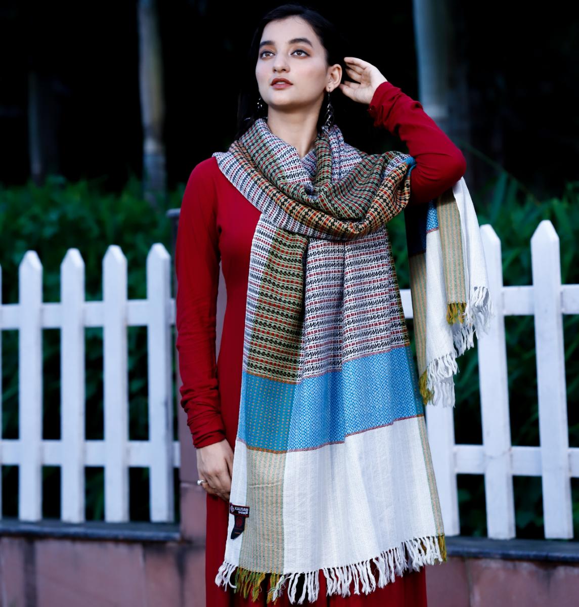 Stole Almora Pattern Pure Marino Wool White Mix Stripes