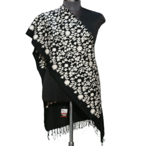 Stole Black with White Embroidery Pure Merino Wool