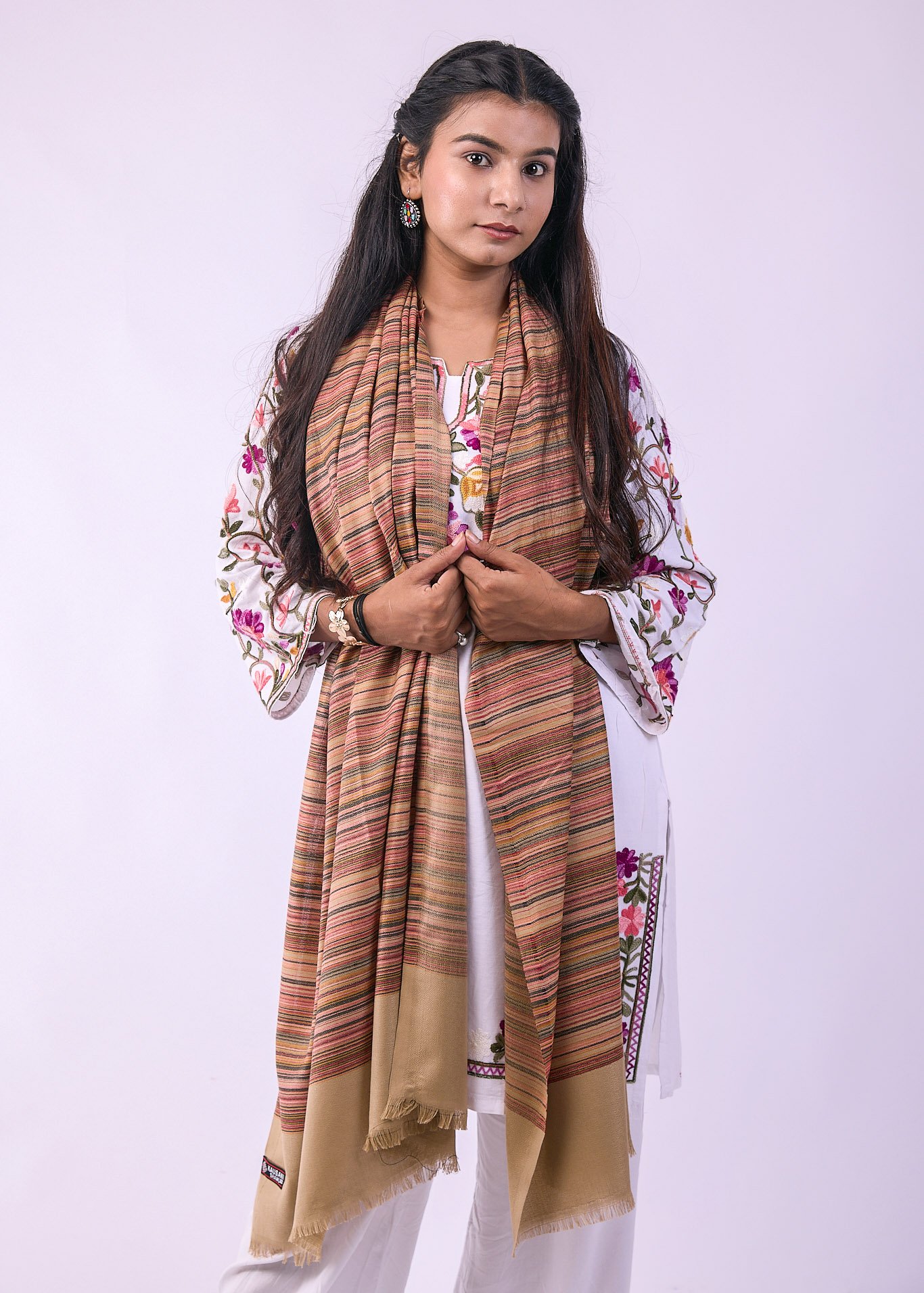 Elegant Merino Wool Stole with Classic Stripe Design - Caramel - Image 2