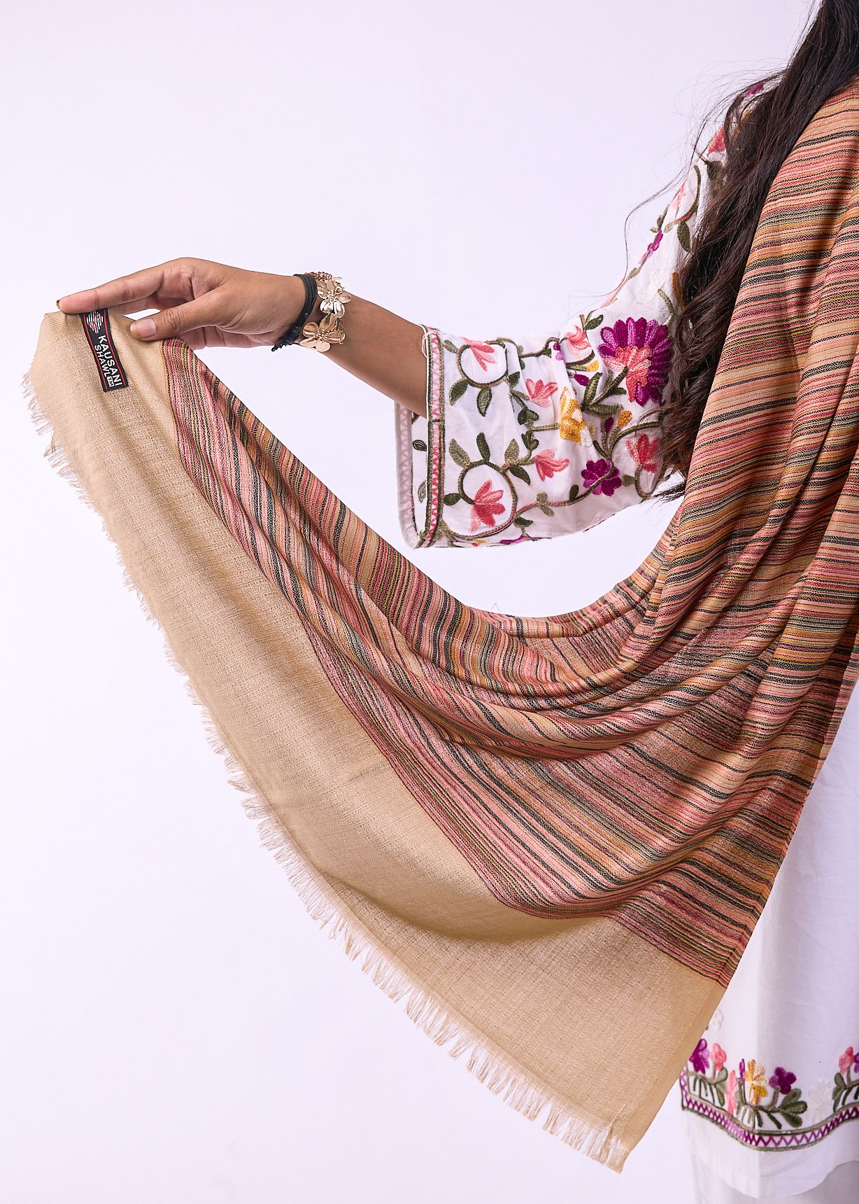 Elegant Merino Wool Stole with Classic Stripe Design - Caramel - Image 3