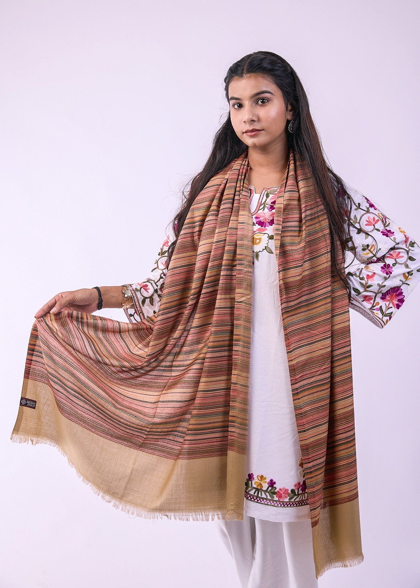 Elegant Merino Wool Stole with Classic Stripe Design - Caramel - Image 4