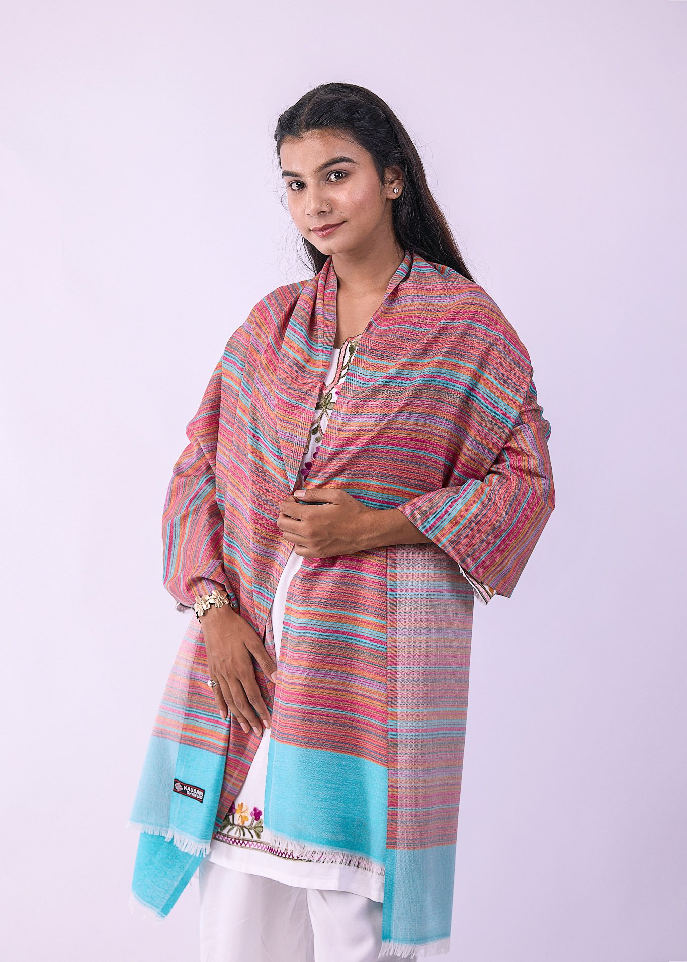 Elegant Merino Wool Stole with Classic Stripe Design - Cyan
