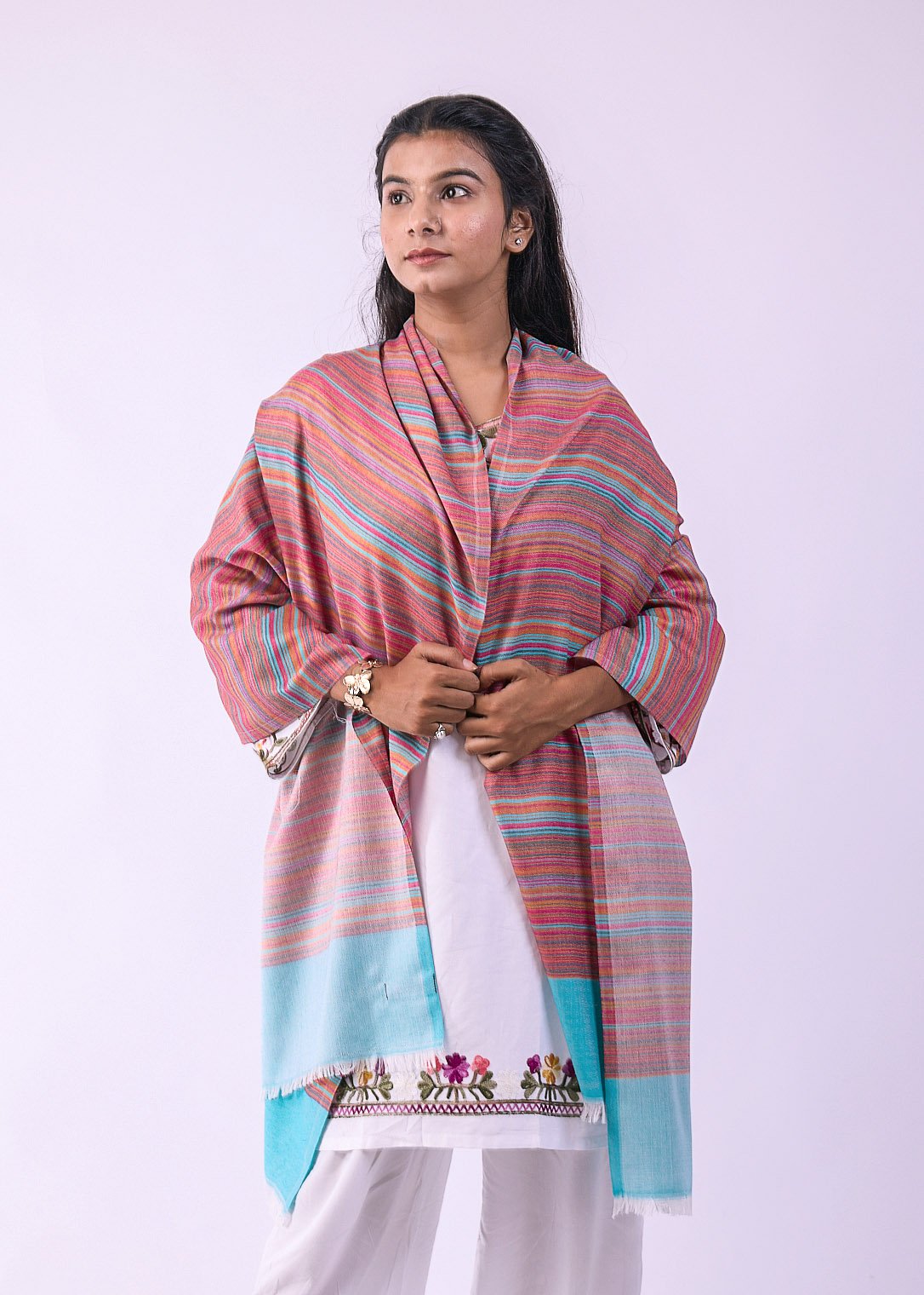 Elegant Merino Wool Stole with Classic Stripe Design - Cyan - Image 2