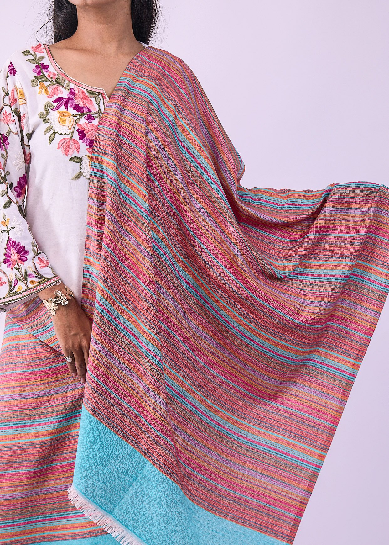 Elegant Merino Wool Stole with Classic Stripe Design - Cyan - Image 3