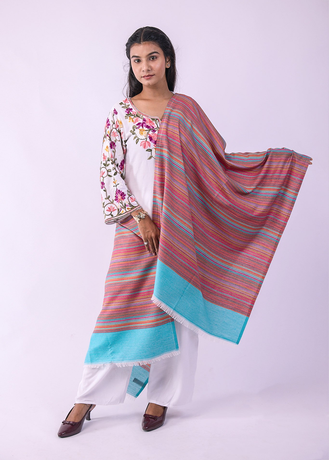 Elegant Merino Wool Stole with Classic Stripe Design - Cyan - Image 4