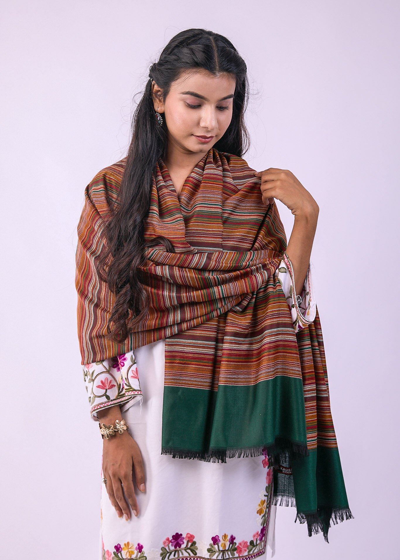 Elegant Merino Wool Stole with Classic Stripe Design - Dark Green