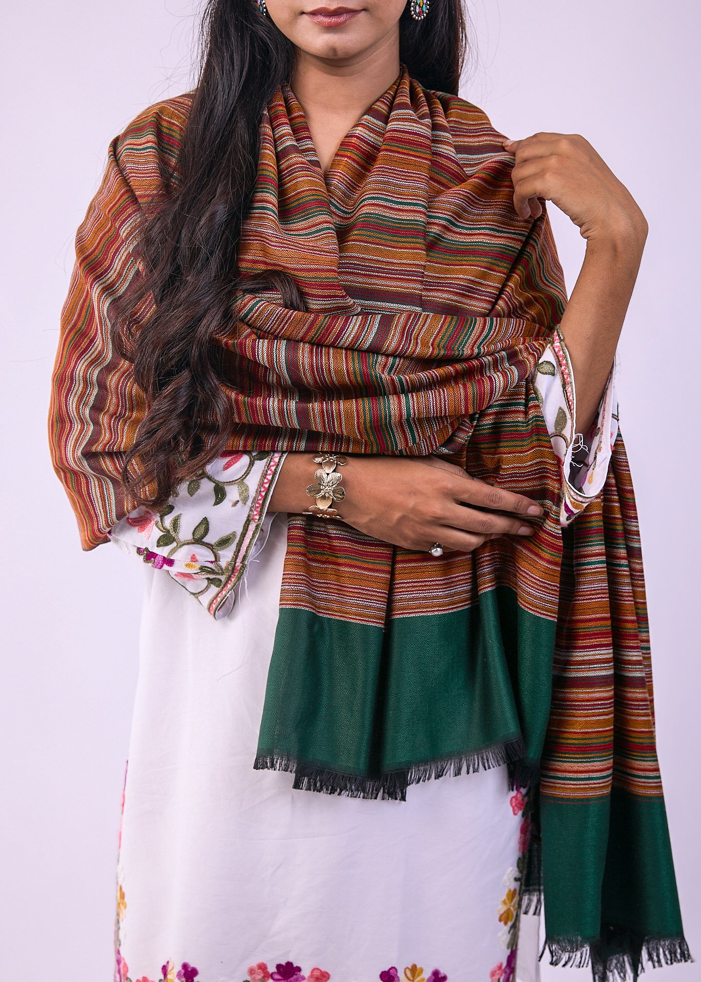 Elegant Merino Wool Stole with Classic Stripe Design - Dark Green - Image 2