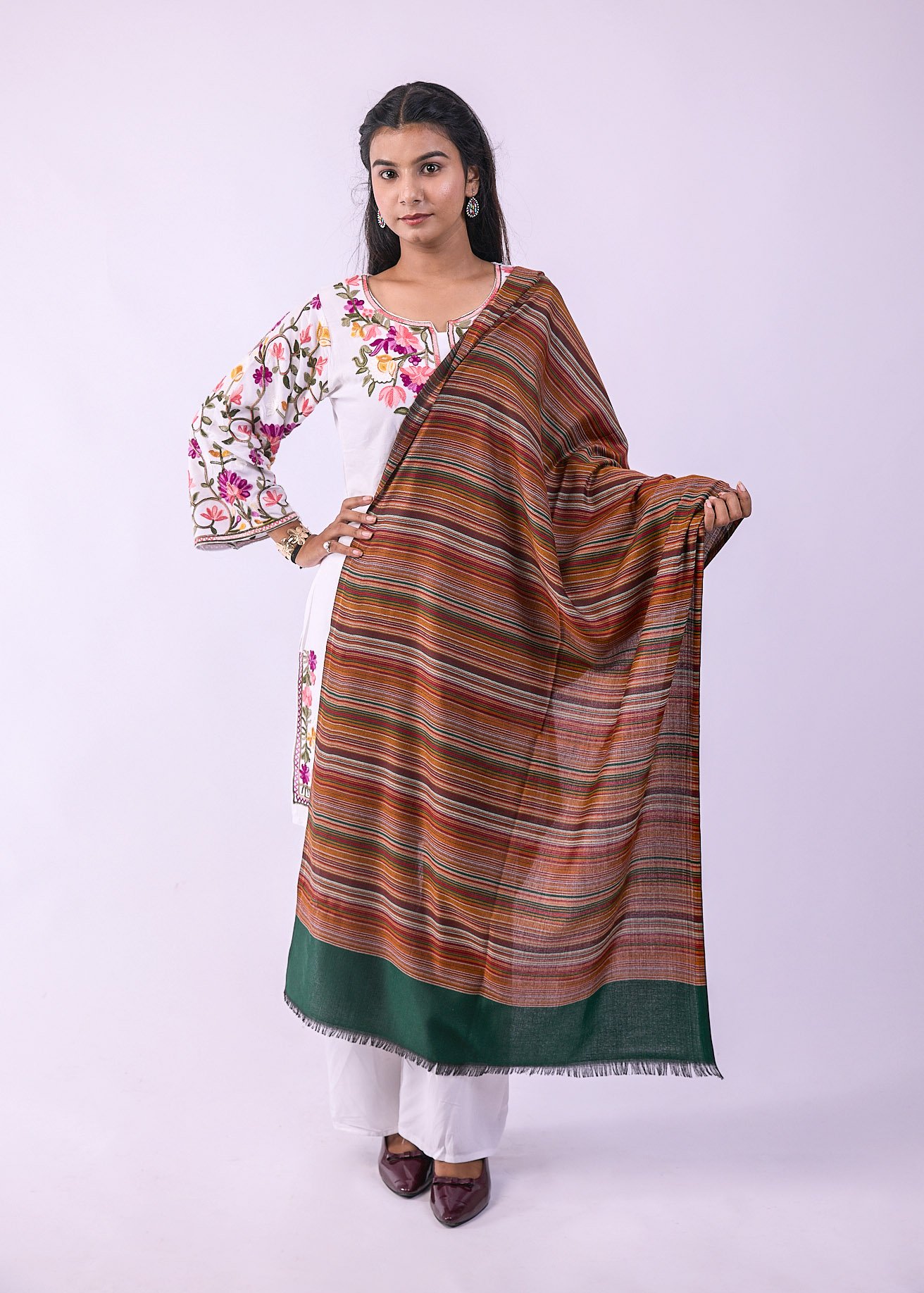 Elegant Merino Wool Stole with Classic Stripe Design - Dark Green - Image 3