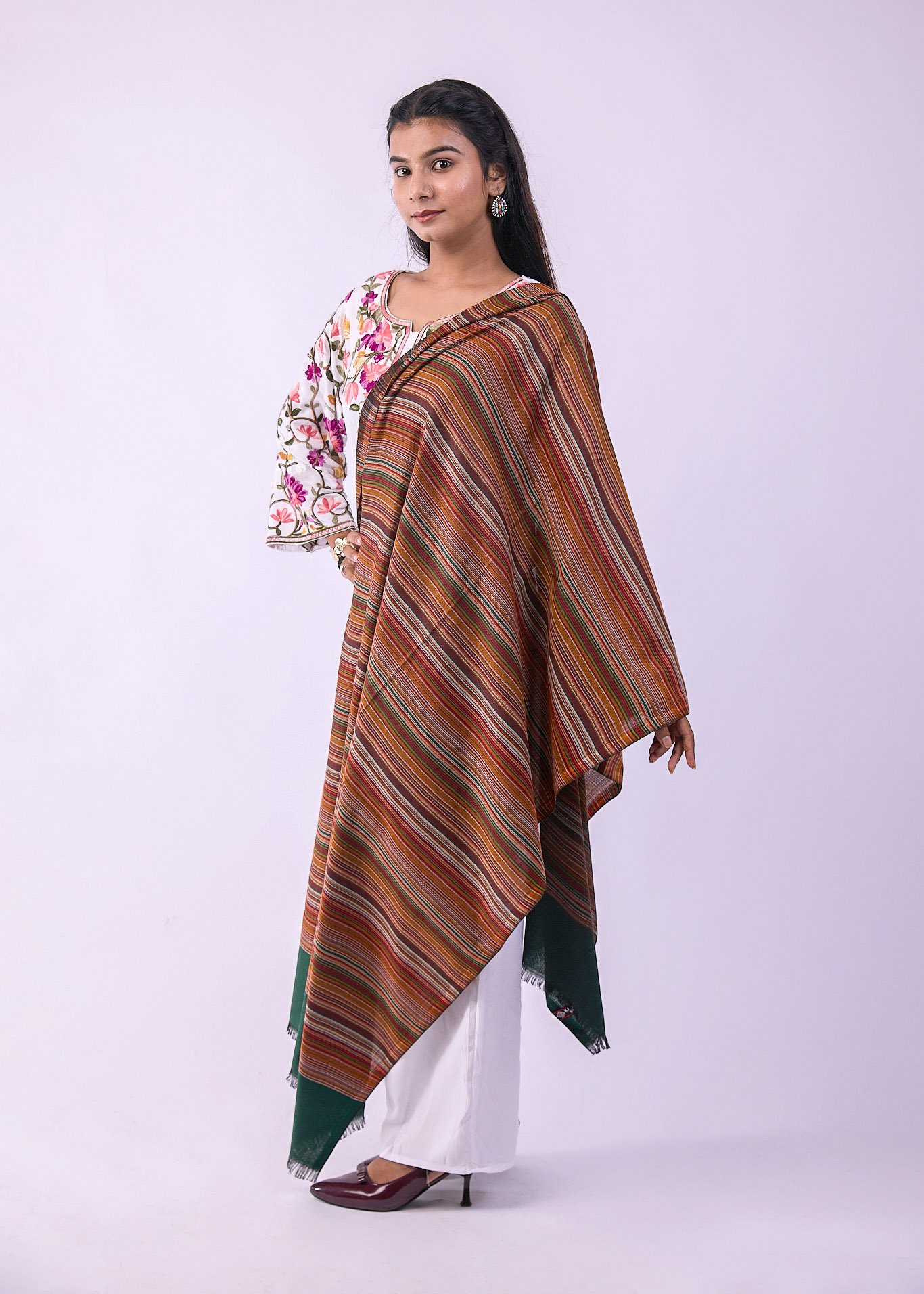 Elegant Merino Wool Stole with Classic Stripe Design - Dark Green - Image 4