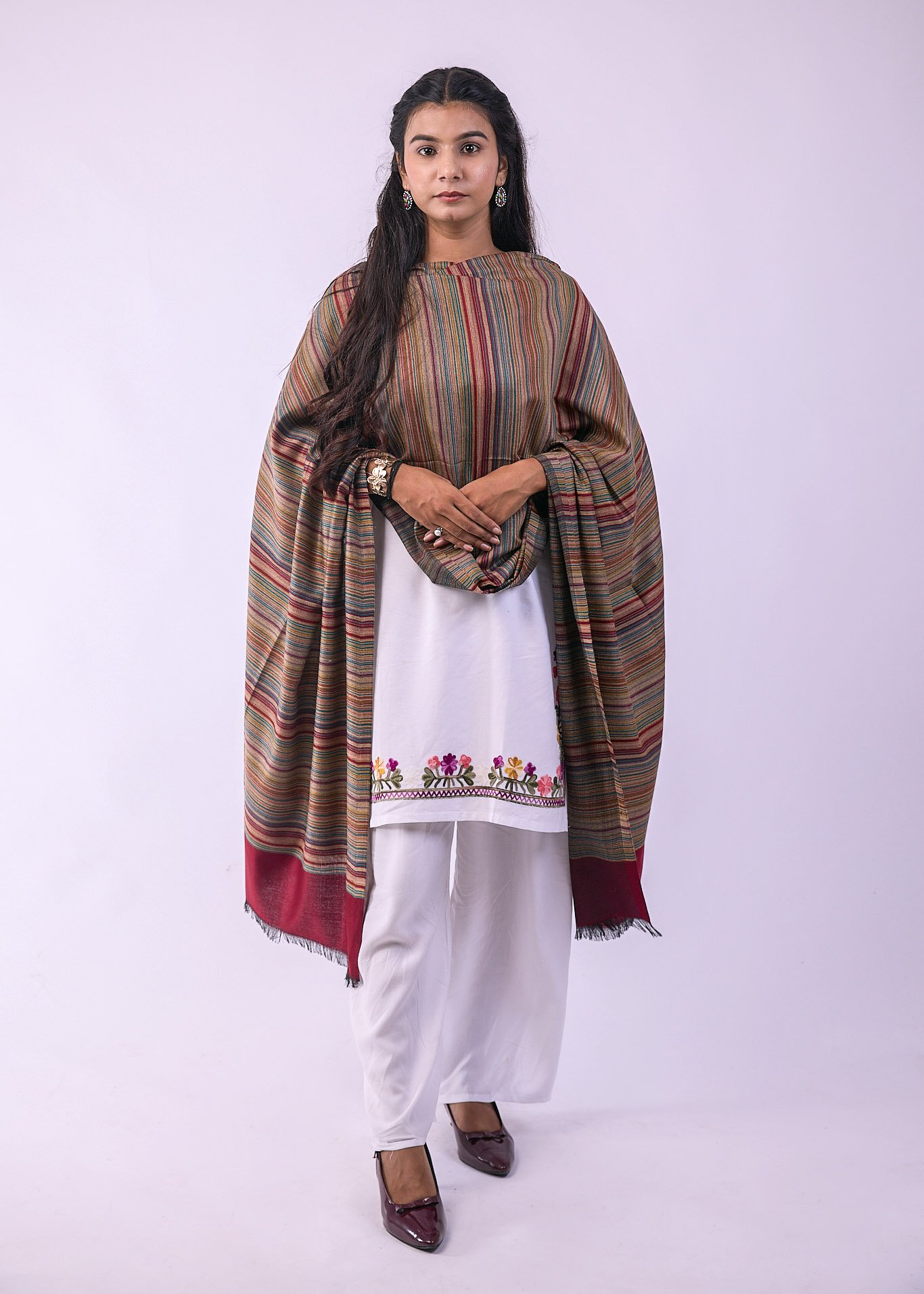 Elegant Merino Wool Stole with Classic Stripe Design - Maroon