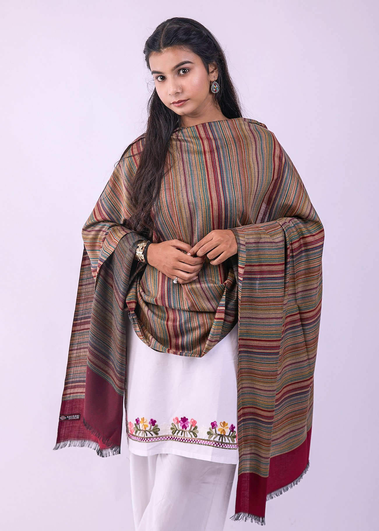 Elegant Merino Wool Stole with Classic Stripe Design - Maroon - Image 2