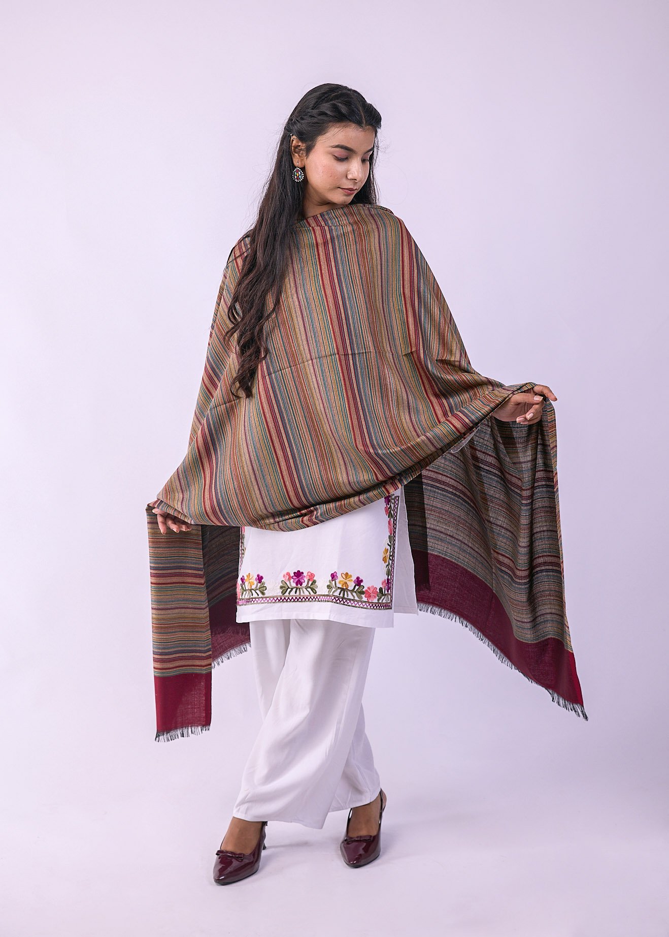 Elegant Merino Wool Stole with Classic Stripe Design - Maroon - Image 3