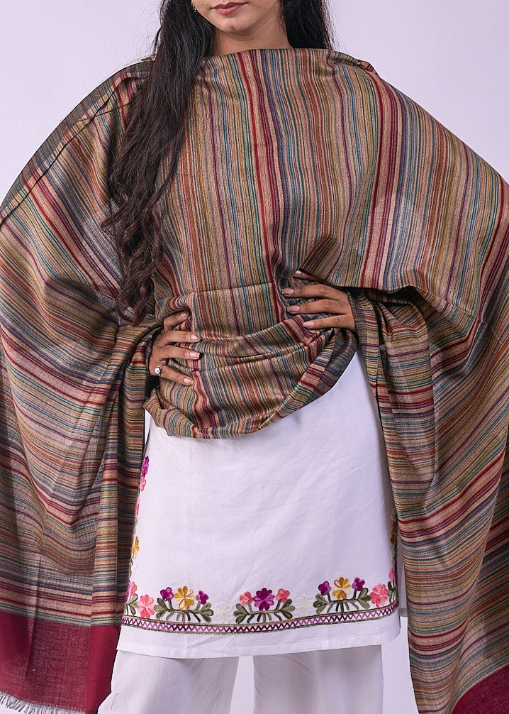 Elegant Merino Wool Stole with Classic Stripe Design - Maroon - Image 4
