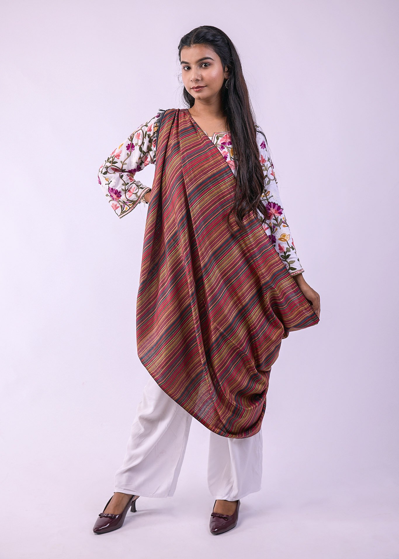 Elegant Merino Wool Stole with Classic Stripe Design - Slate