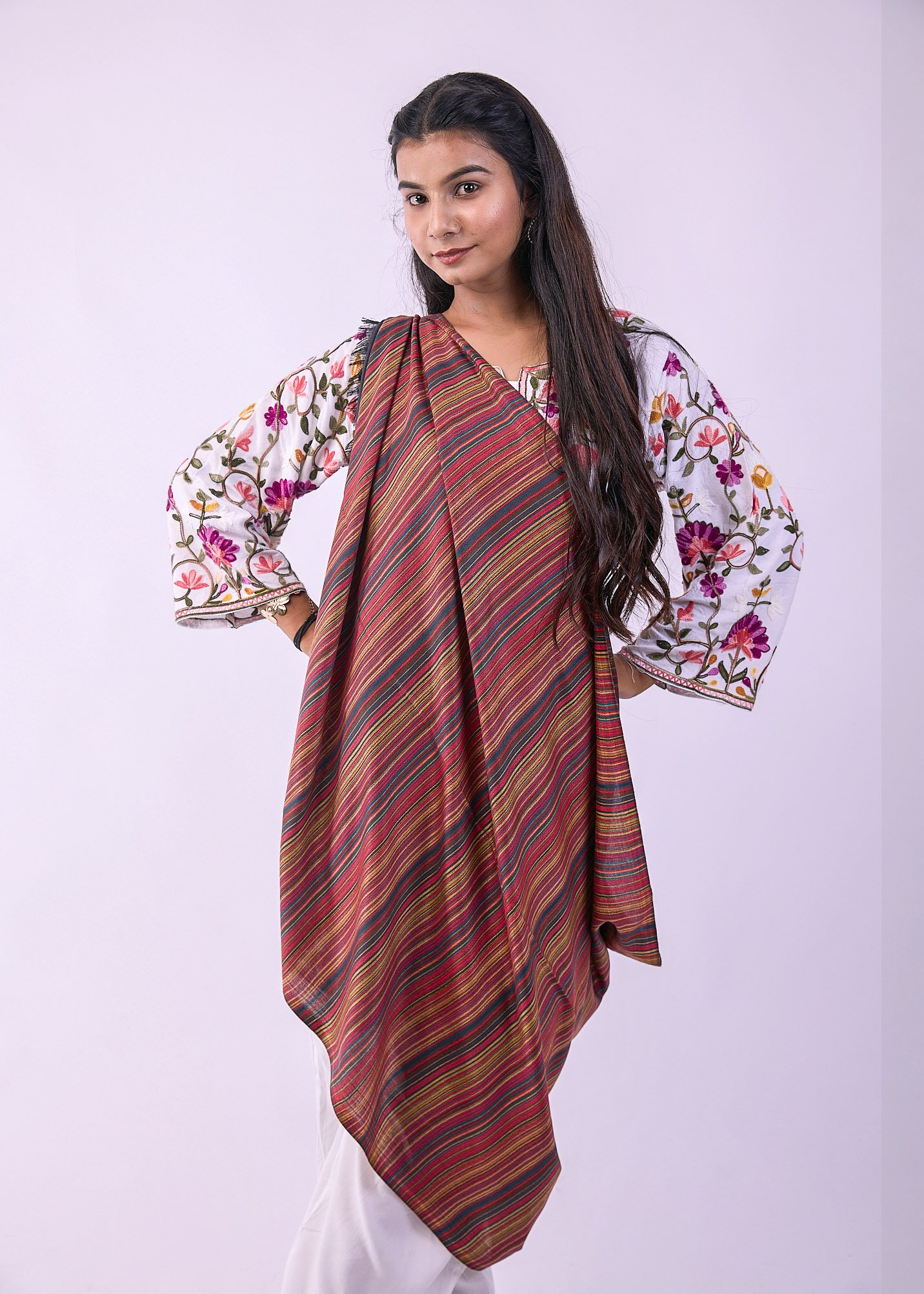 Elegant Merino Wool Stole with Classic Stripe Design - Slate - Image 3