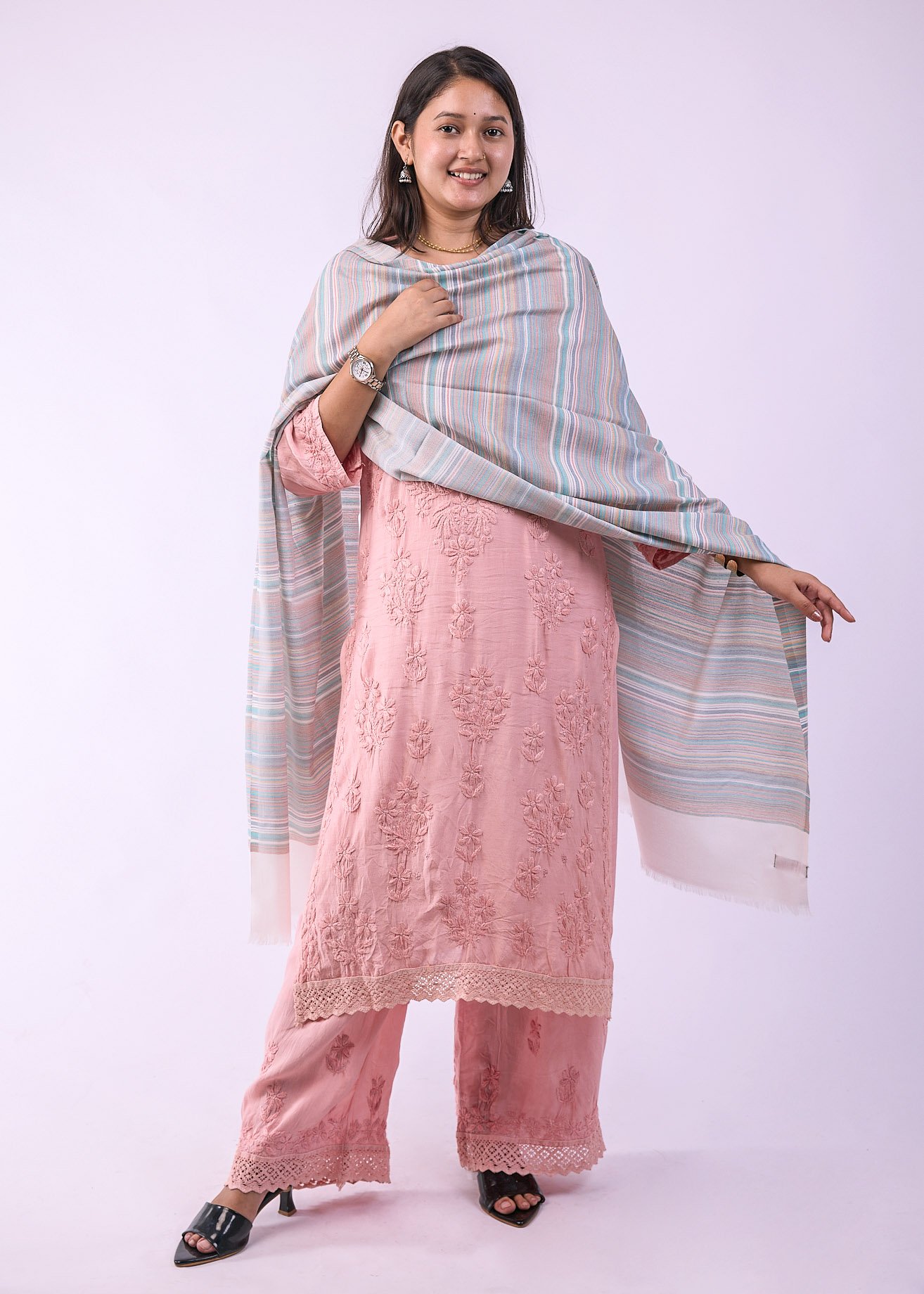 Elegant Merino Wool Stole with Classic Stripe Design - White