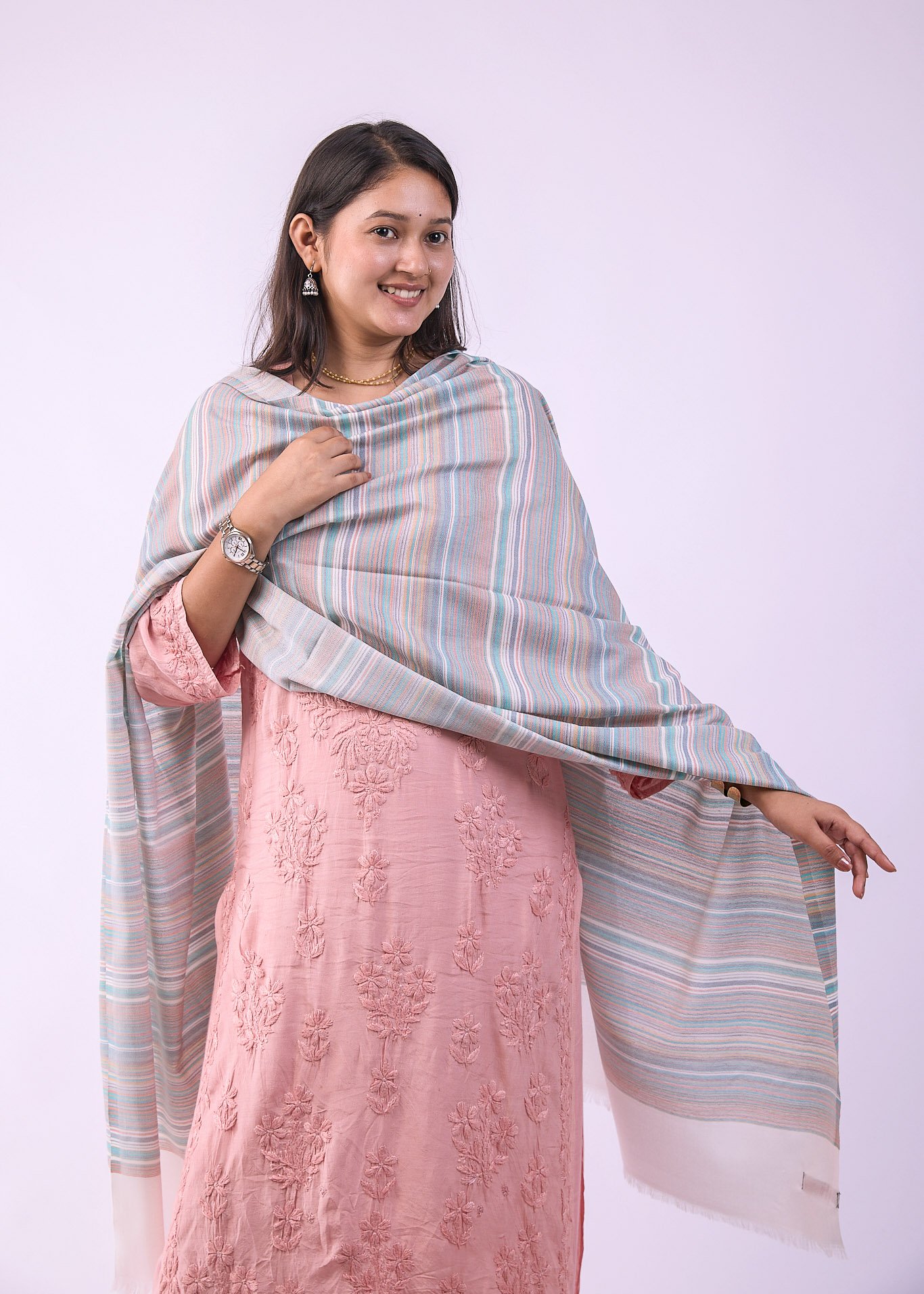Elegant Merino Wool Stole with Classic Stripe Design - White - Image 2