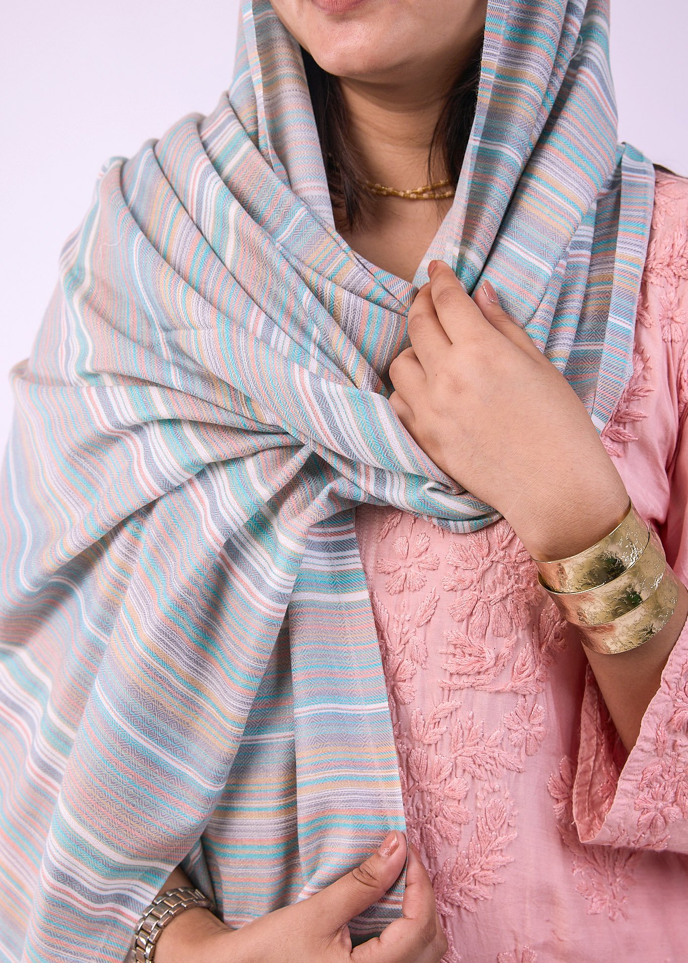 Elegant Merino Wool Stole with Classic Stripe Design - White - Image 4