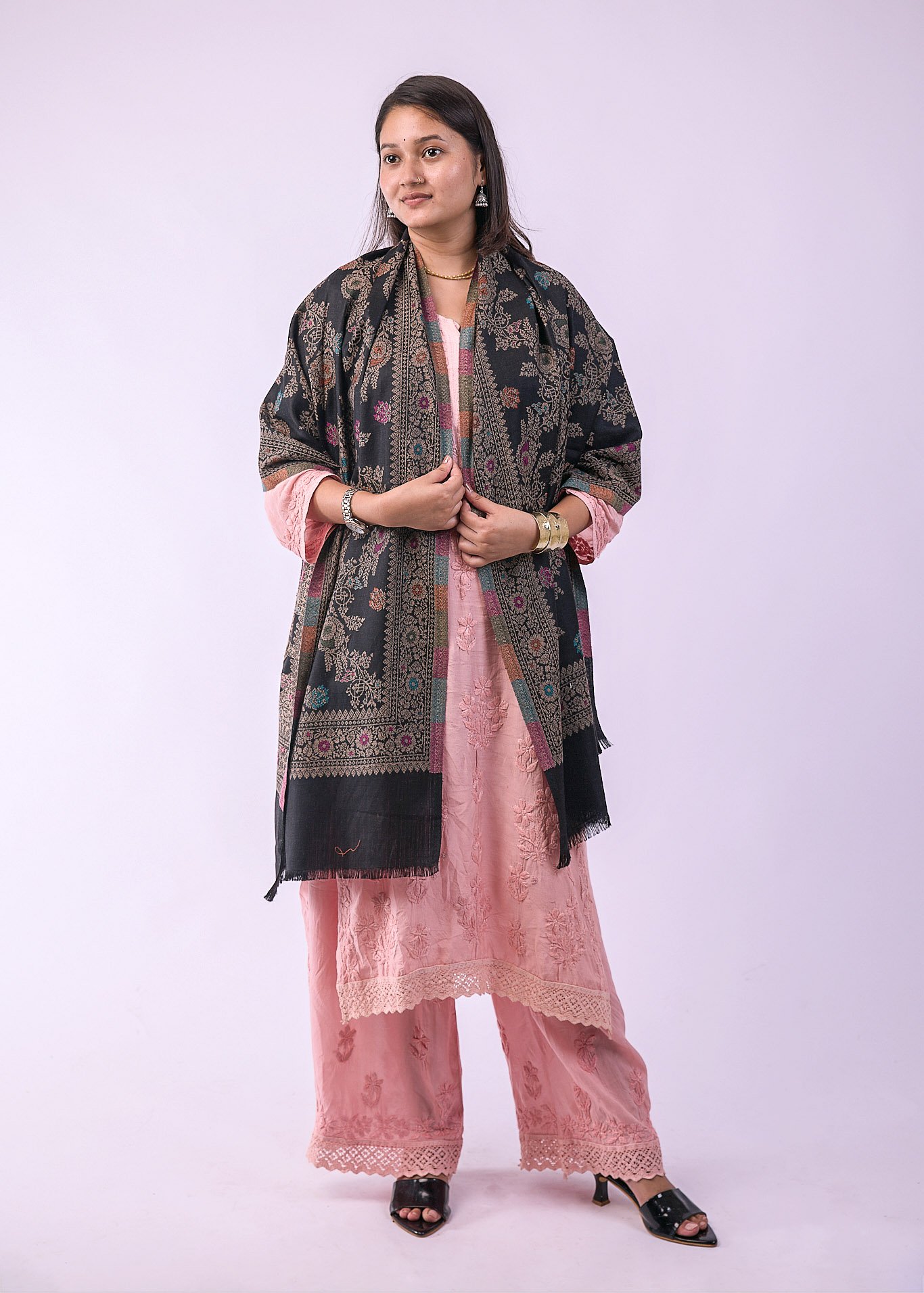 Elegant Multicolour Floral Stole - Black