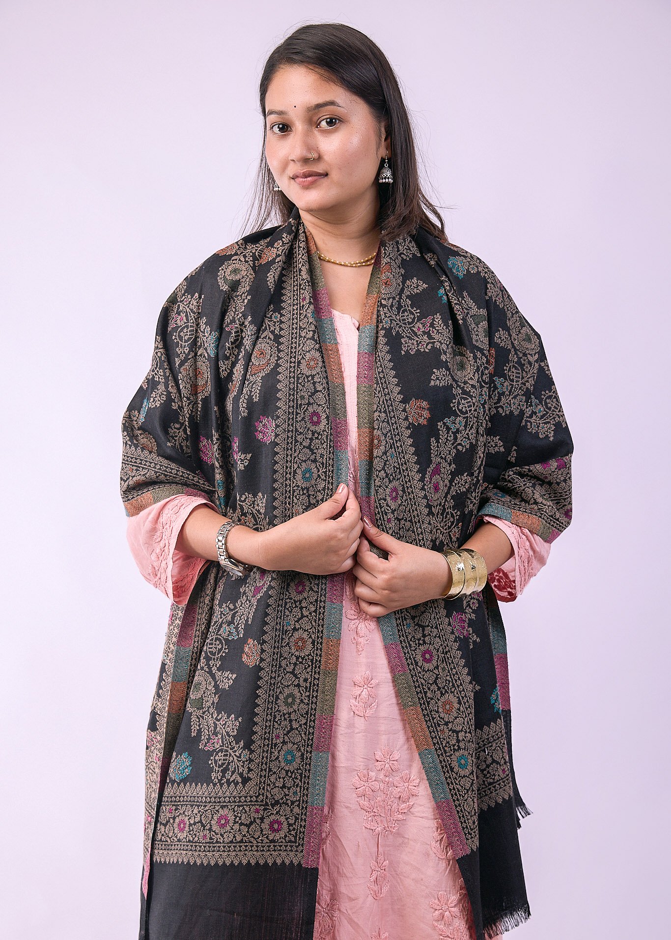 Elegant Multicolour Floral Stole - Black - Image 2