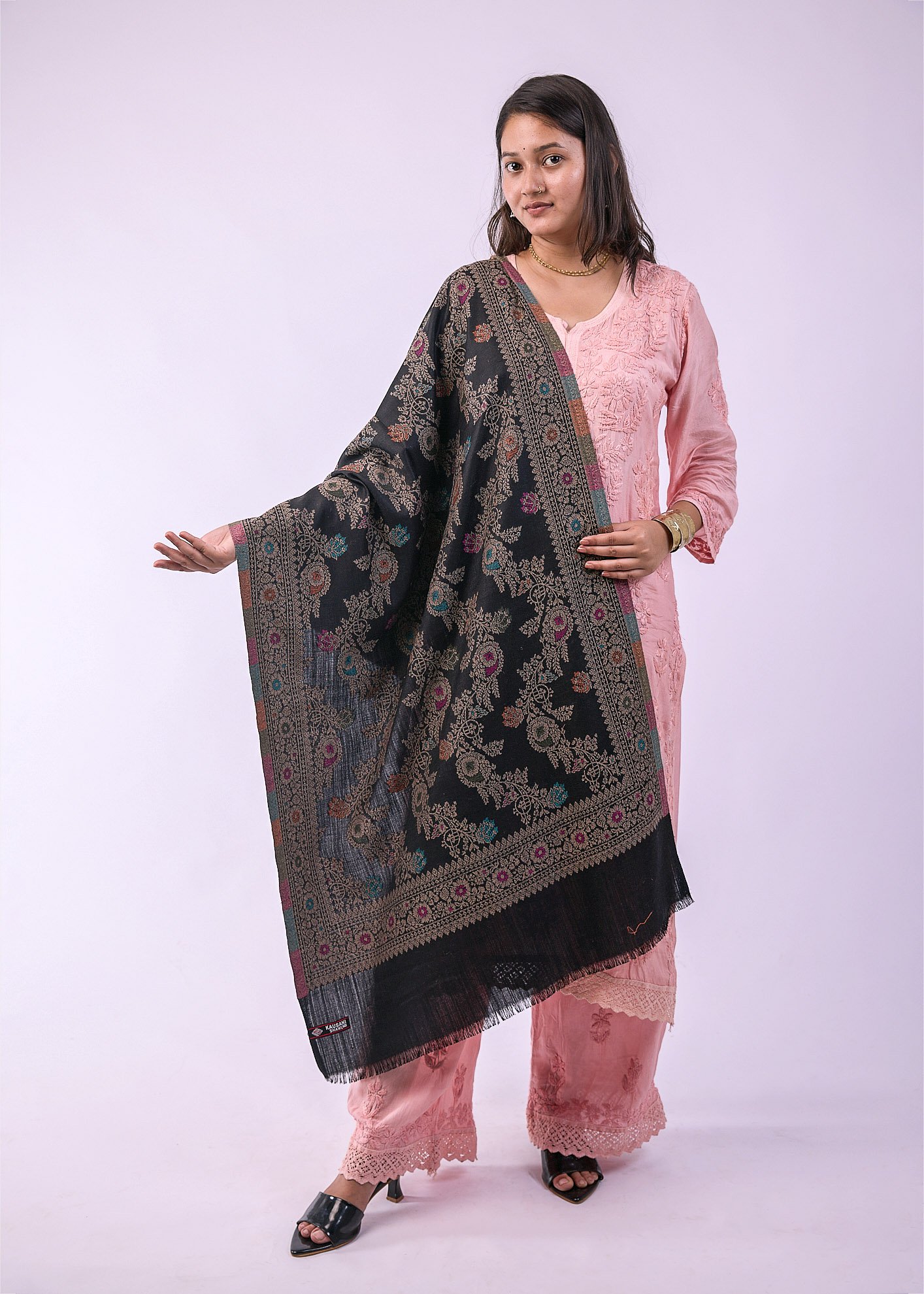 Elegant Multicolour Floral Stole - Black - Image 3