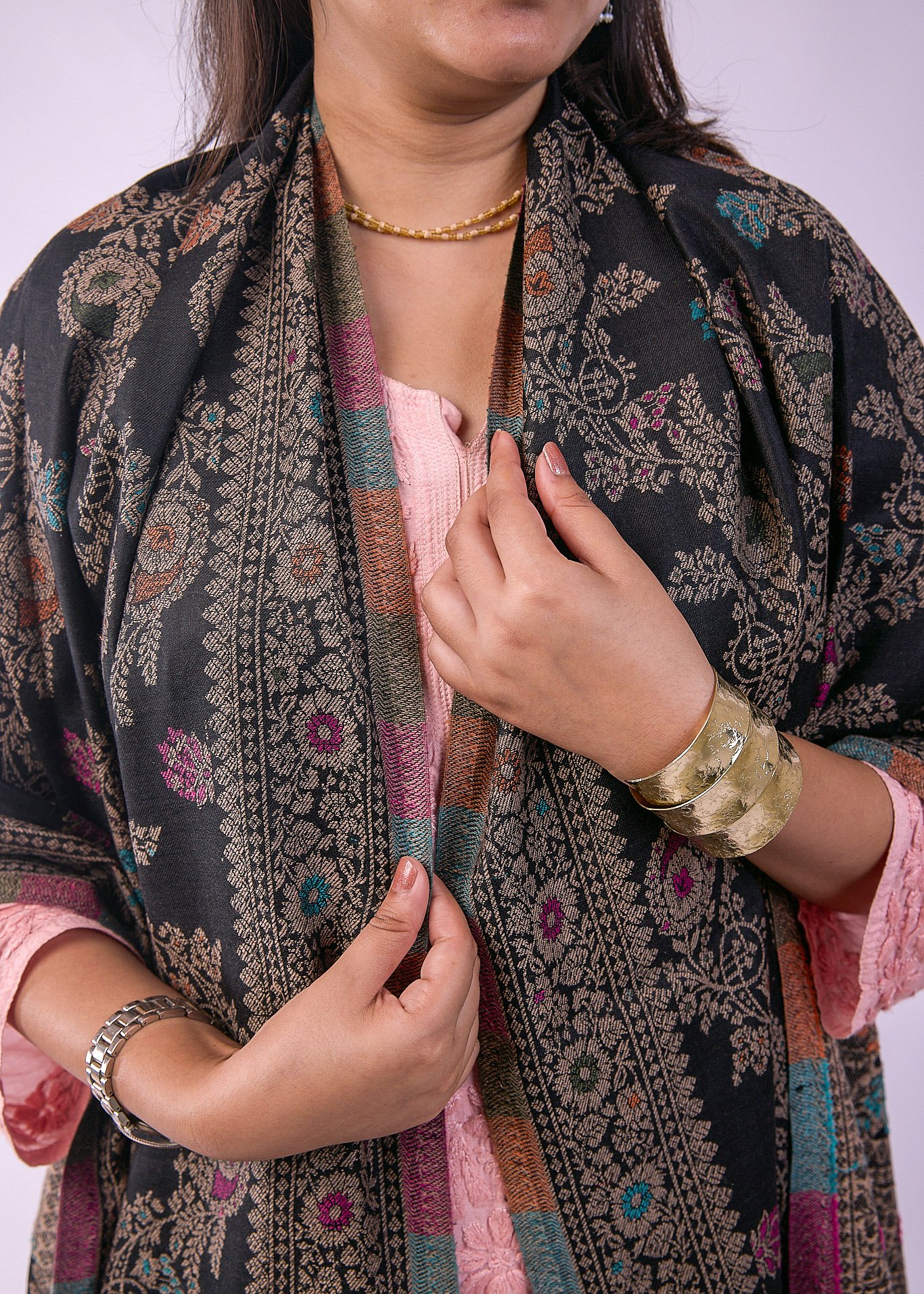 Elegant Multicolour Floral Stole - Black - Image 4