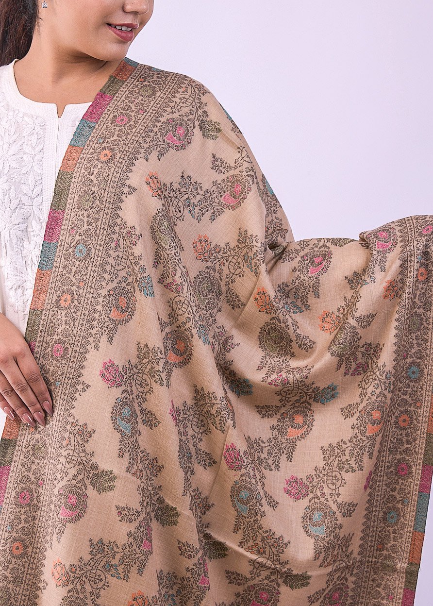 Elegant Multicolour Floral Stole - Caramel