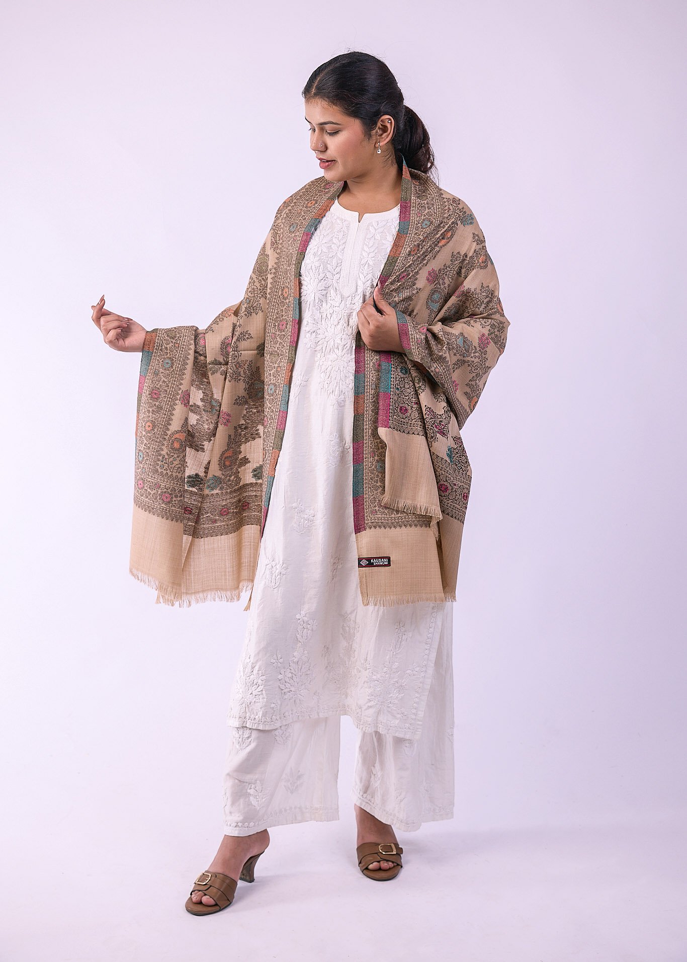 Elegant Multicolour Floral Stole - Caramel - Image 2