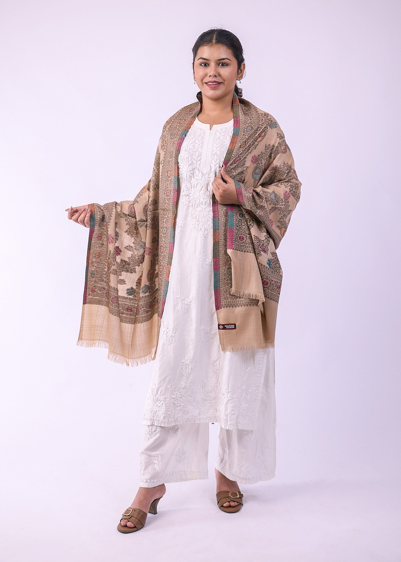 Elegant Multicolour Floral Stole - Caramel - Image 3