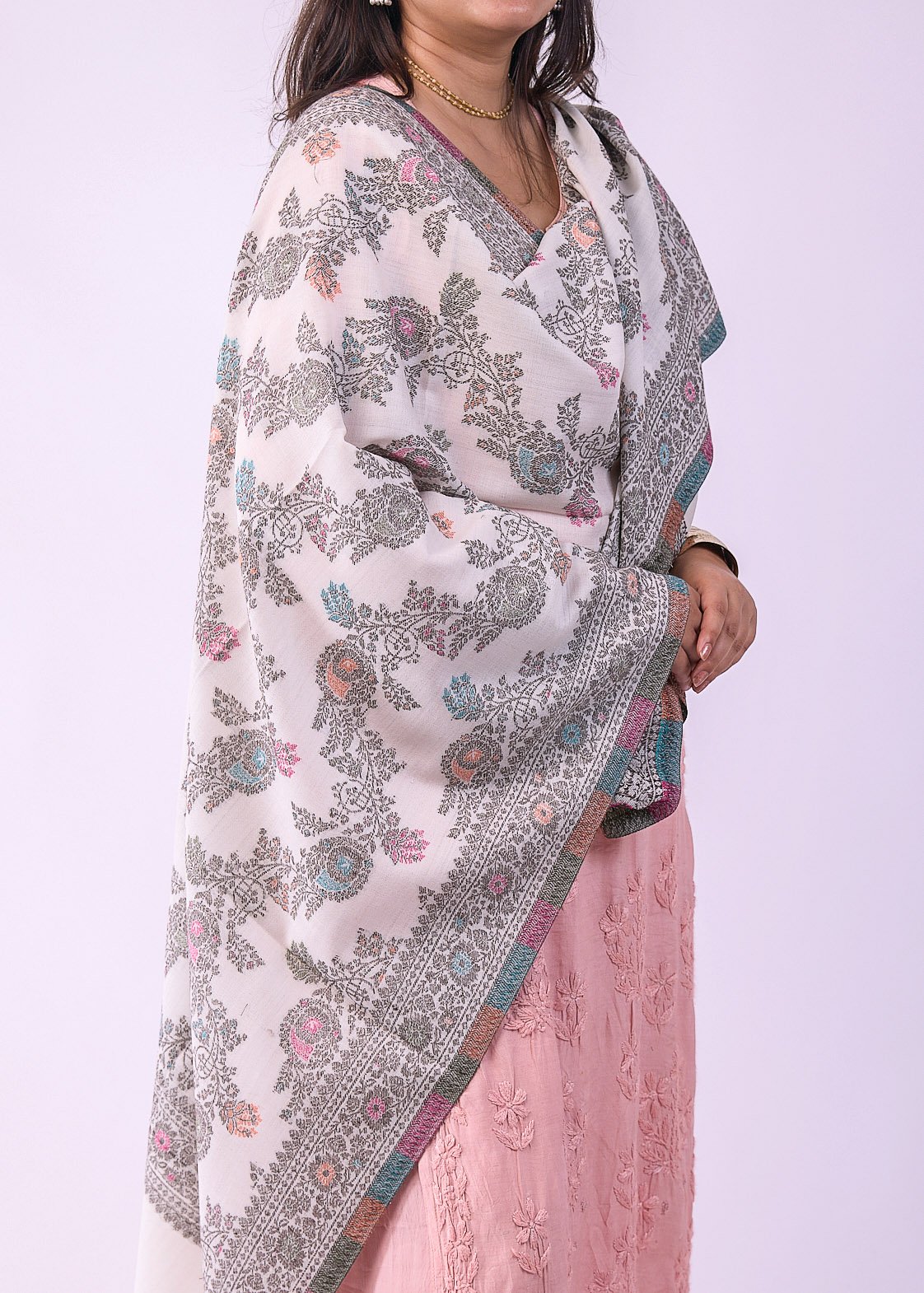 Elegant Multicolour Floral Stole - White