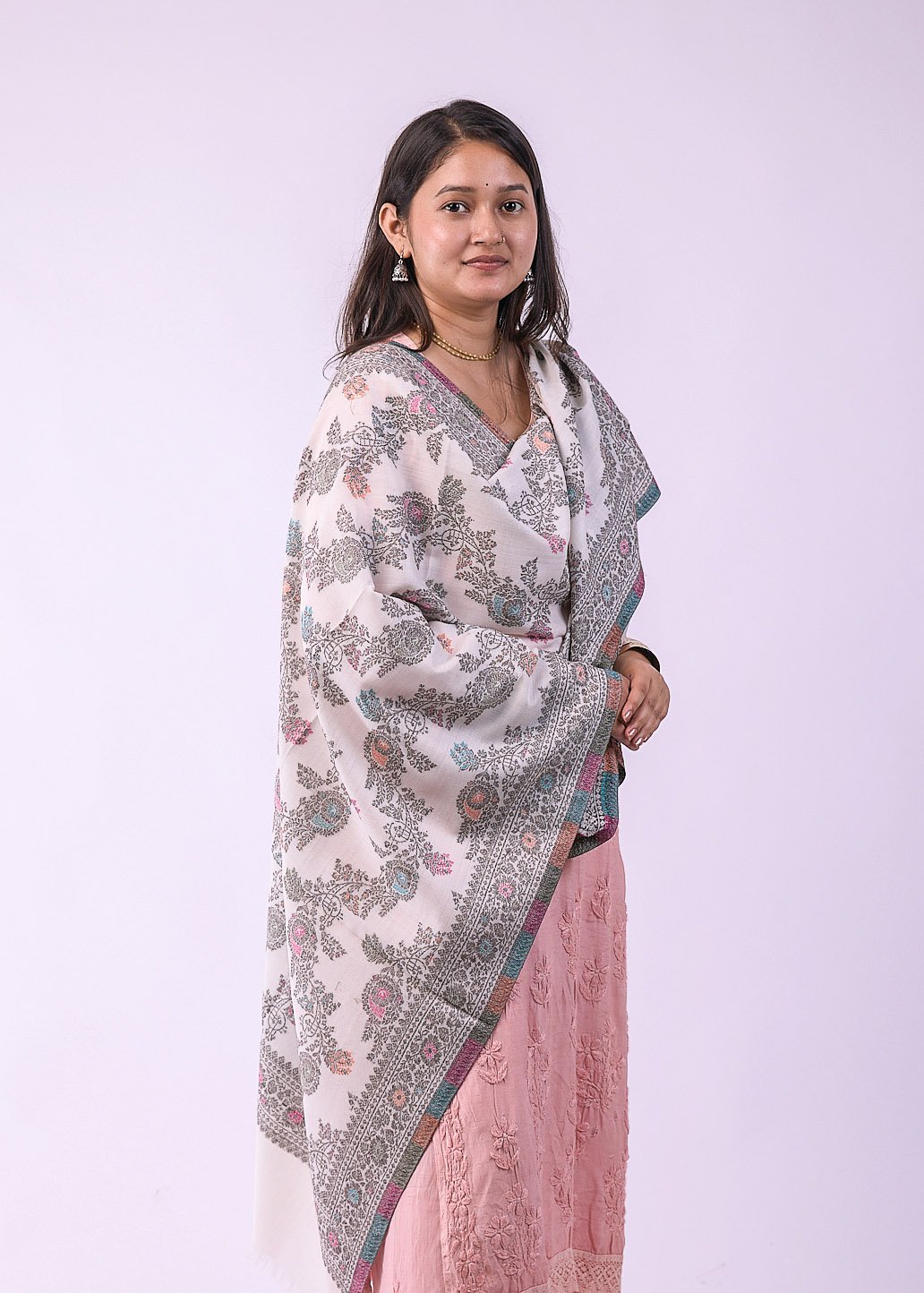 Elegant Multicolour Floral Stole - White - Image 2