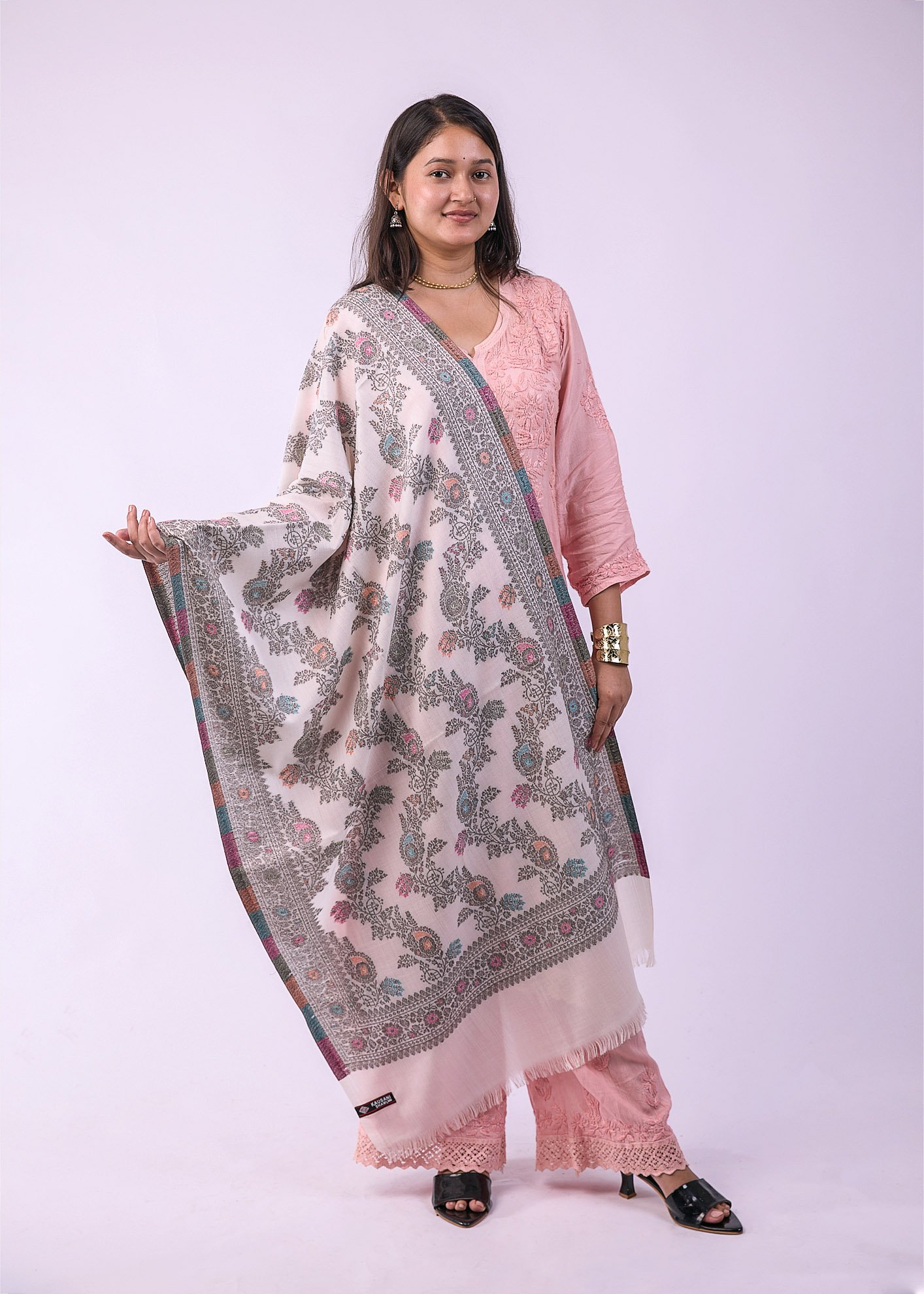 Elegant Multicolour Floral Stole - White - Image 3