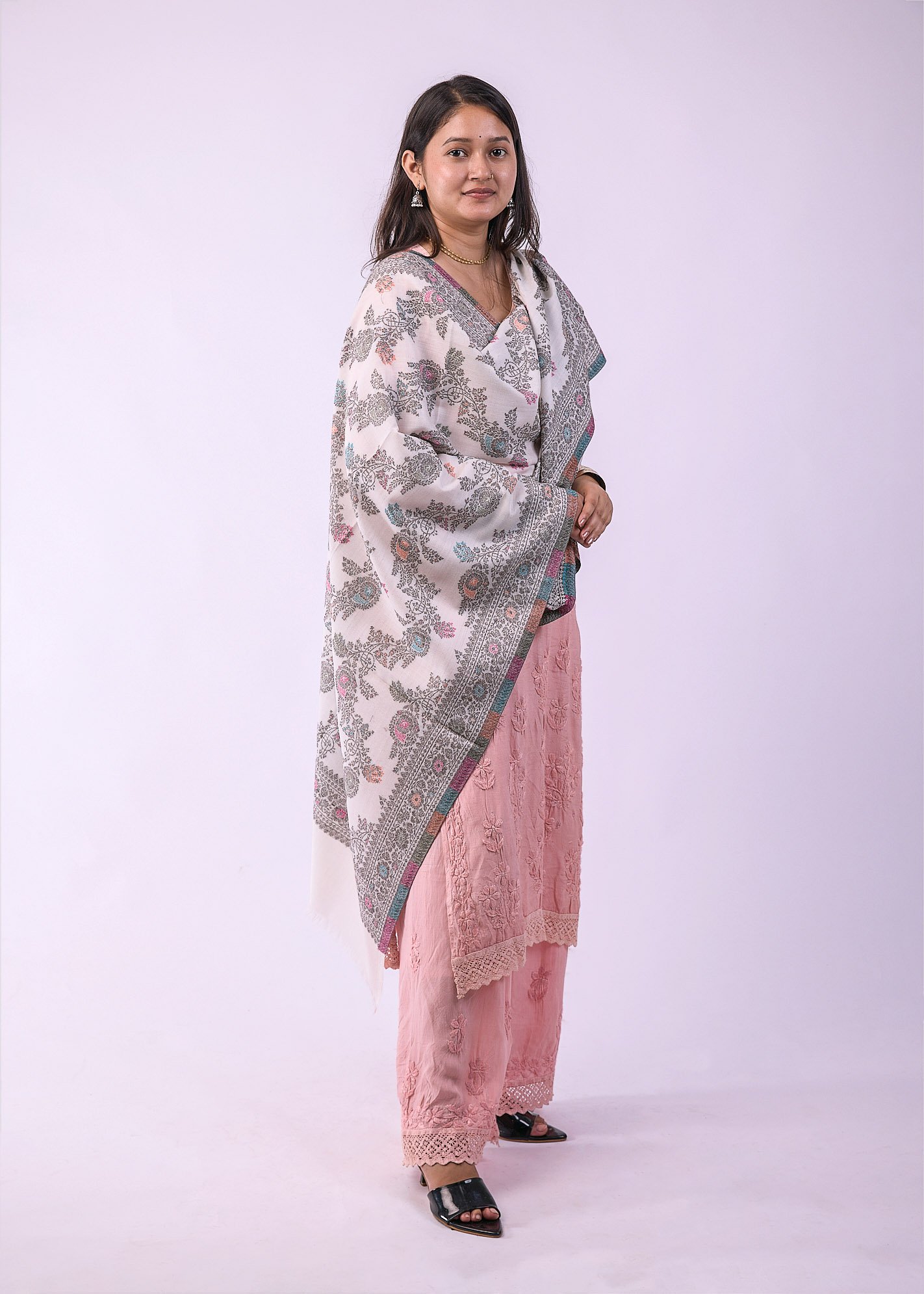 Elegant Multicolour Floral Stole - White - Image 4