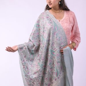 Premium Bridal Partywear Semi Pashmina Stole with Fine Embroidery - Aqua Blue