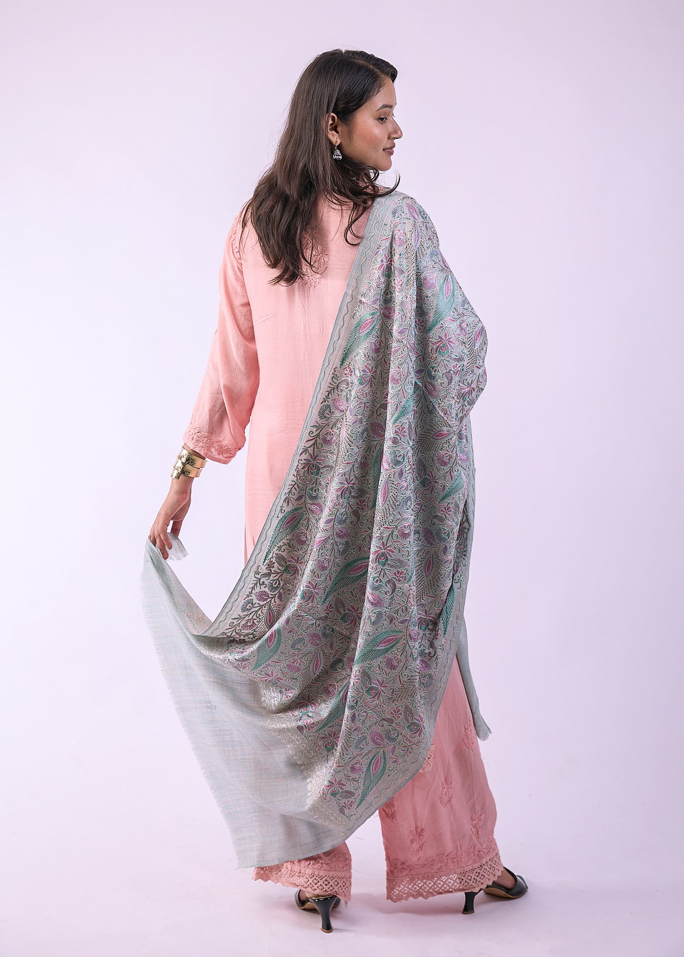 Premium Bridal Partywear Semi Pashmina Stole with Fine Embroidery - Aqua Blue - Image 2