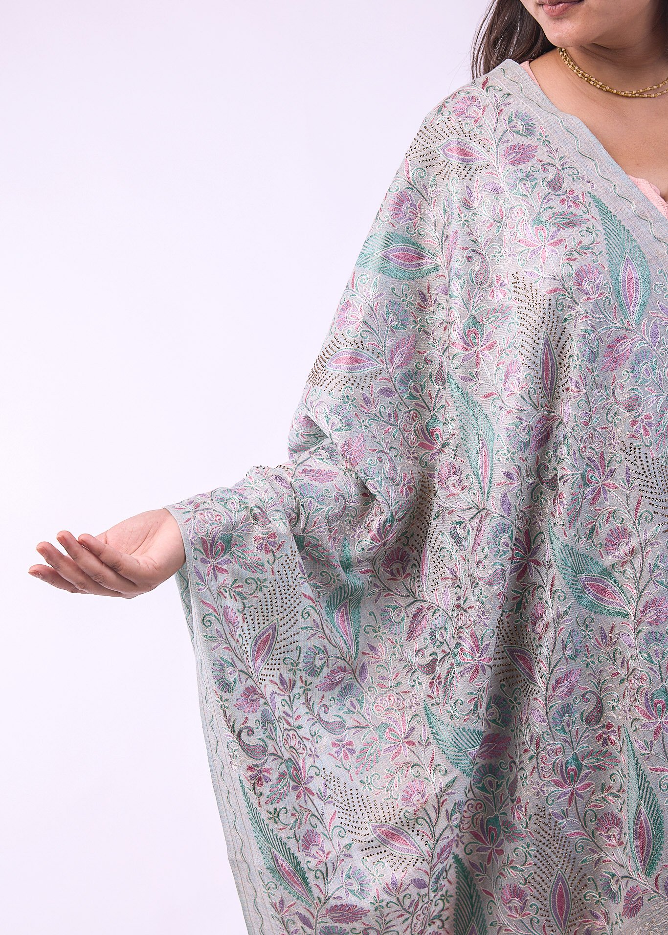 Premium Bridal Partywear Semi Pashmina Stole with Fine Embroidery - Aqua Blue - Image 3