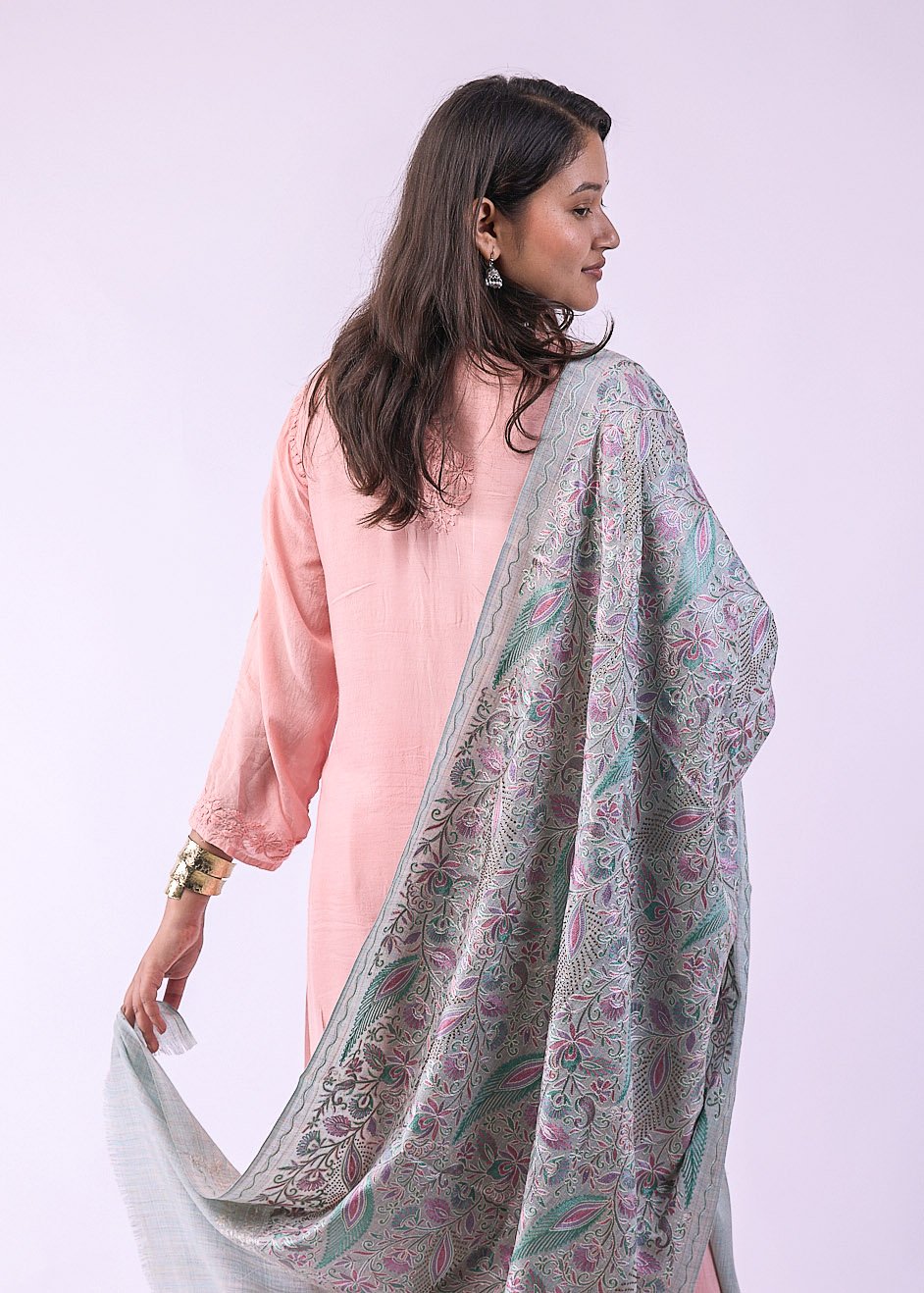 Premium Bridal Partywear Semi Pashmina Stole with Fine Embroidery - Aqua Blue - Image 4