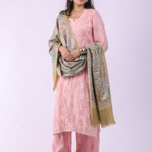 Premium Bridal Partywear Semi Pashmina Stole with Fine Embroidery - Beige
