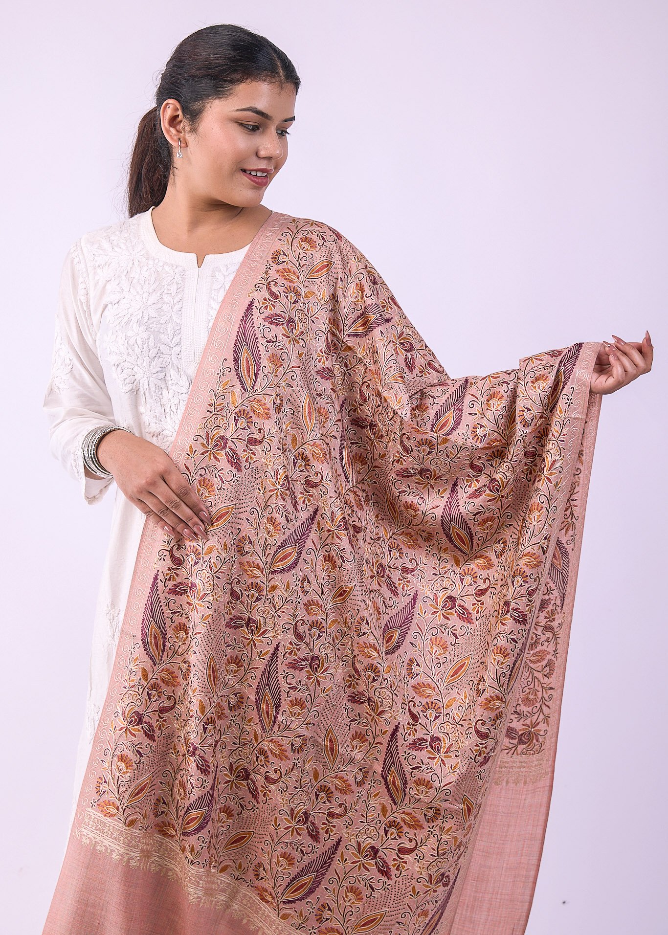 Premium Bridal Partywear Semi Pashmina Stole with Fine Embroidery - Coral Pink - Image 2