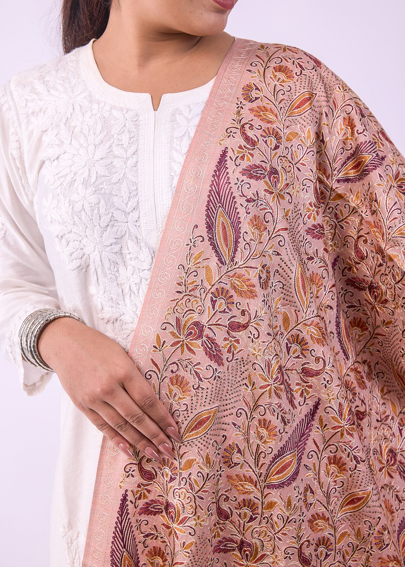 Premium Bridal Partywear Semi Pashmina Stole with Fine Embroidery - Coral Pink - Image 3
