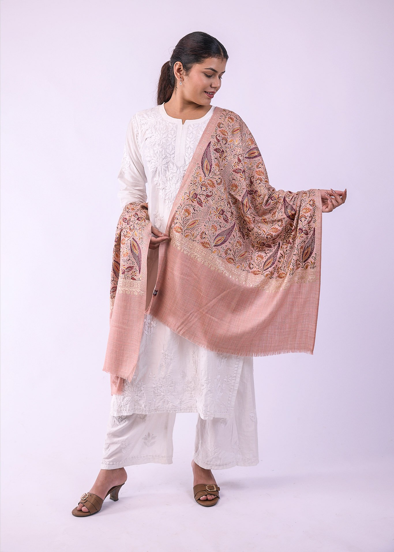 Premium Bridal Partywear Semi Pashmina Stole with Fine Embroidery - Coral Pink4