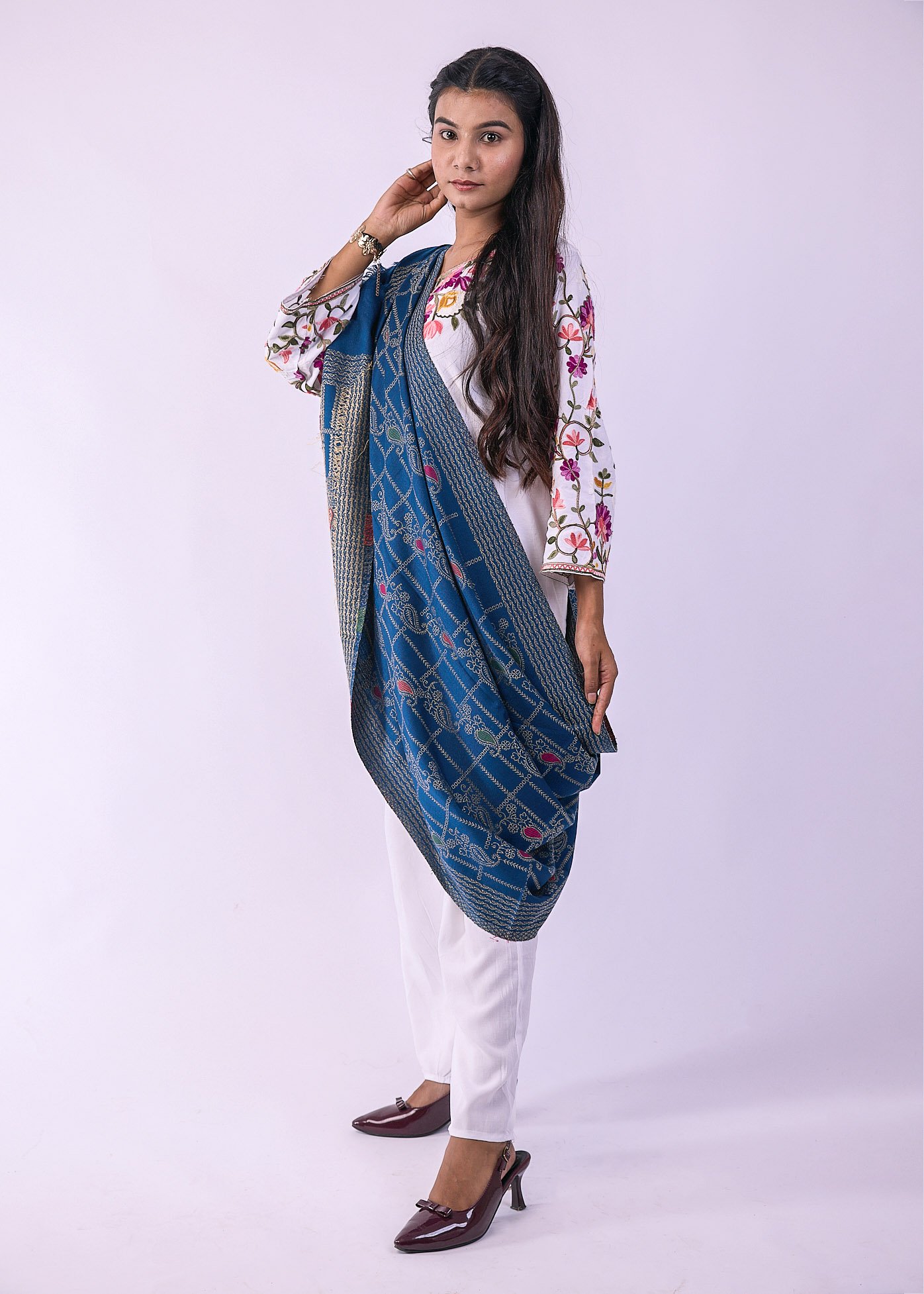 Signature Floral Design Stole - Navy Blue