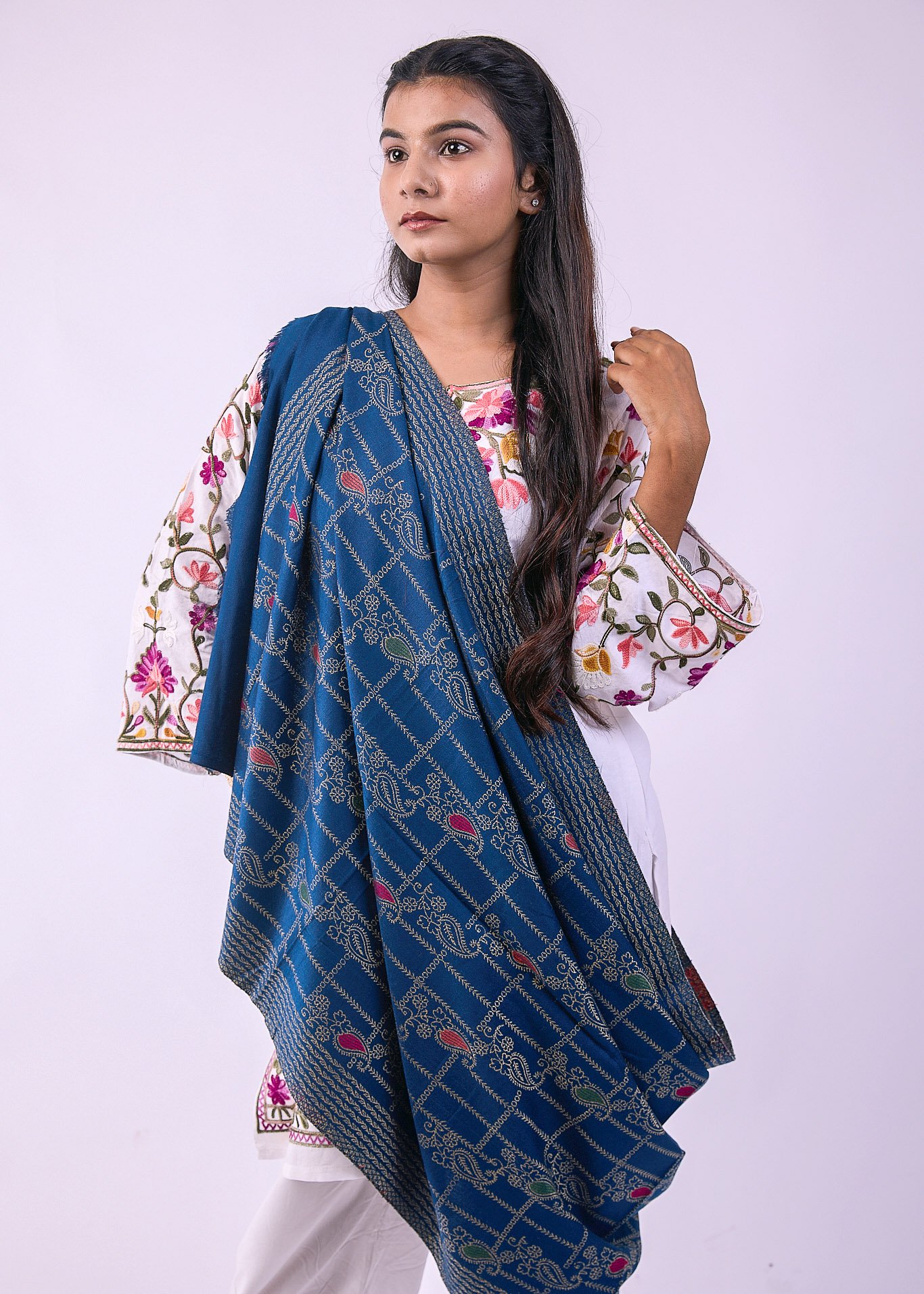Signature Floral Design Stole - Navy Blue - Image 3