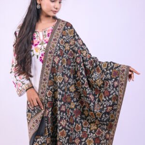 Vibrant Multicolour Botanical Design Stole - Black