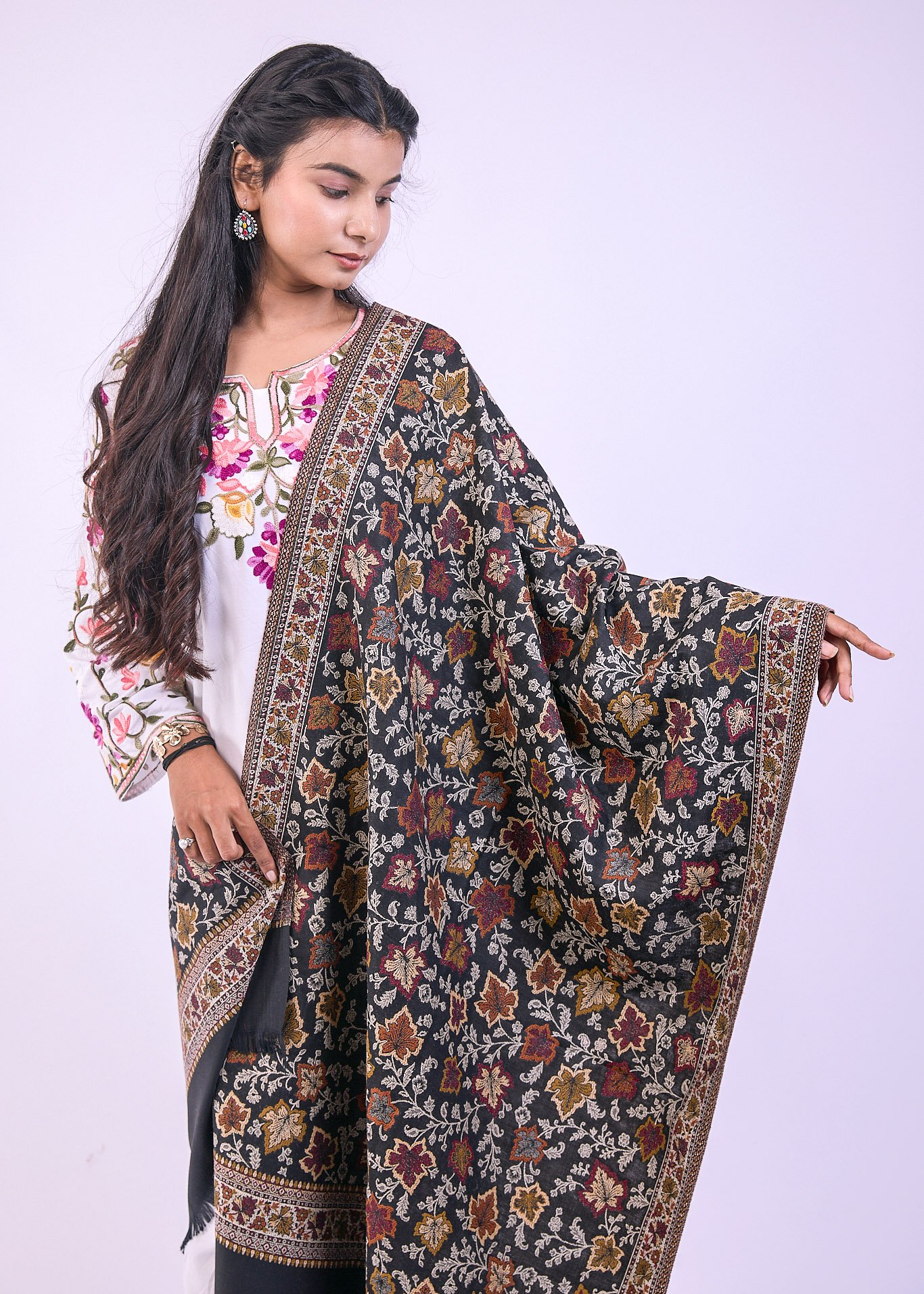 Vibrant Multicolour Botanical Design Stole - Black