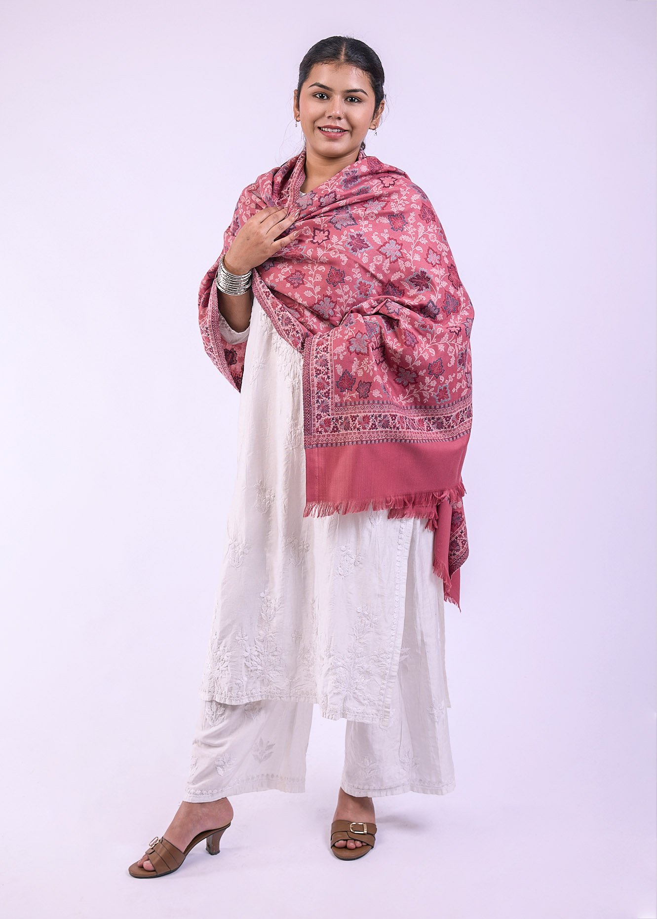 Vibrant Multicolour Botanical Design Stole - Pale Pink
