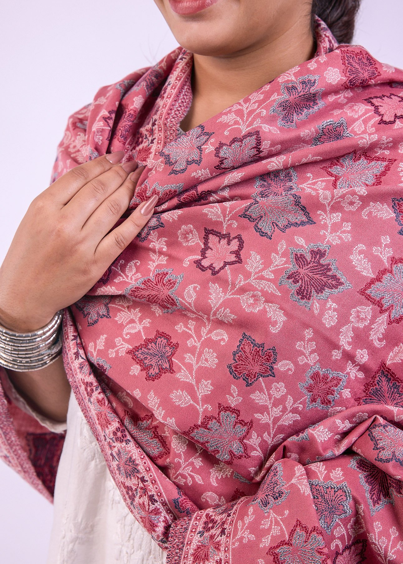 Vibrant Multicolour Botanical Design Stole - Pale Pink - Image 2