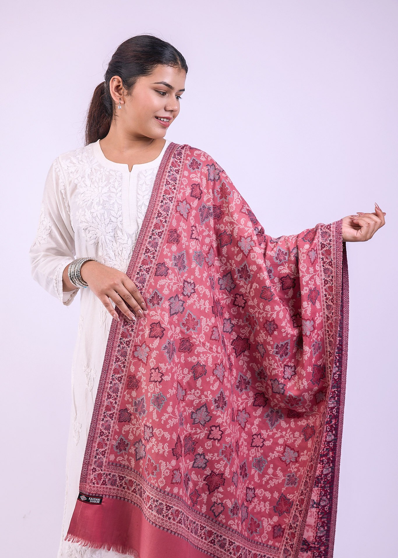 Vibrant Multicolour Botanical Design Stole - Pale Pink - Image 3