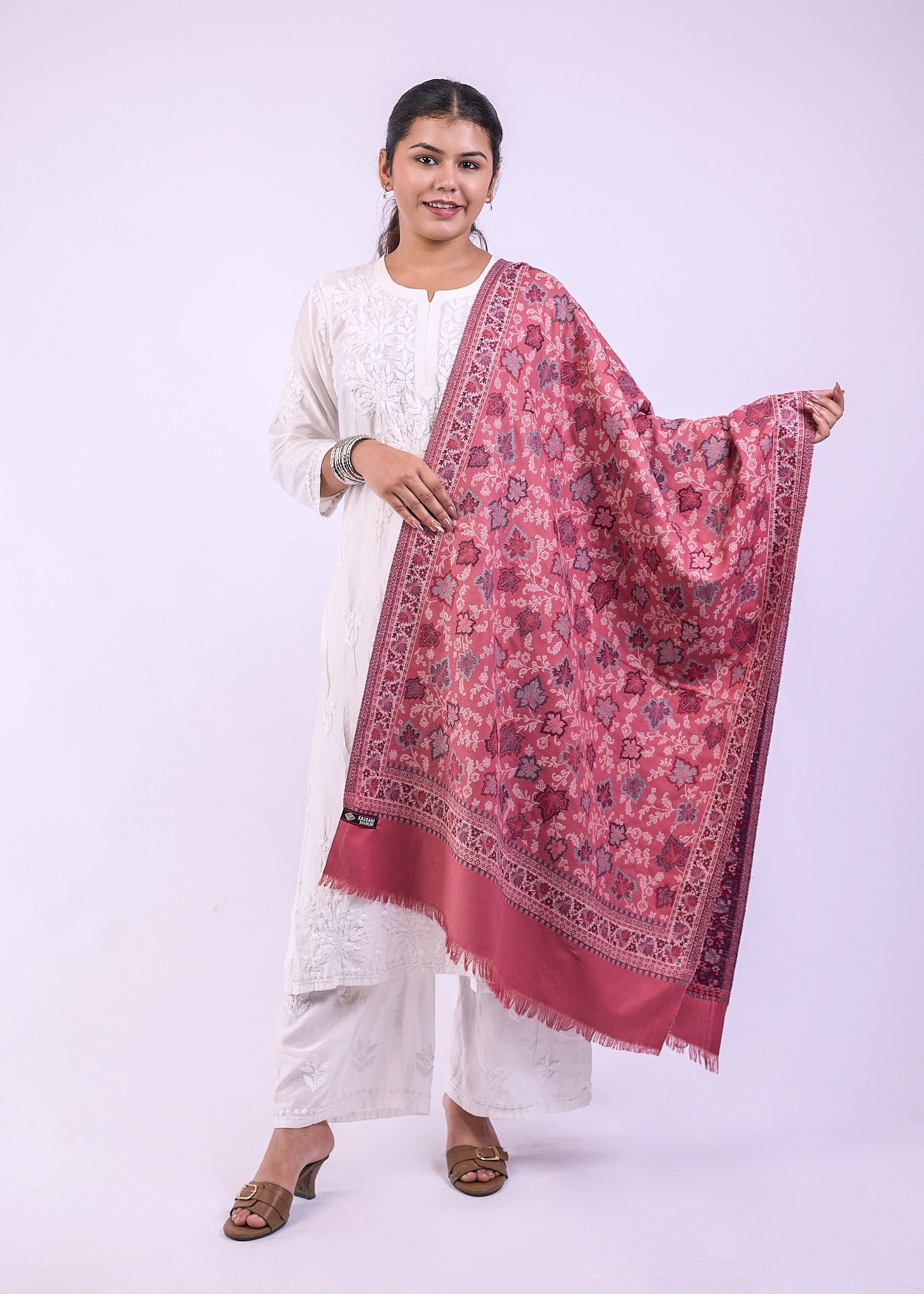 Vibrant Multicolour Botanical Design Stole - Pale Pink - Image 4